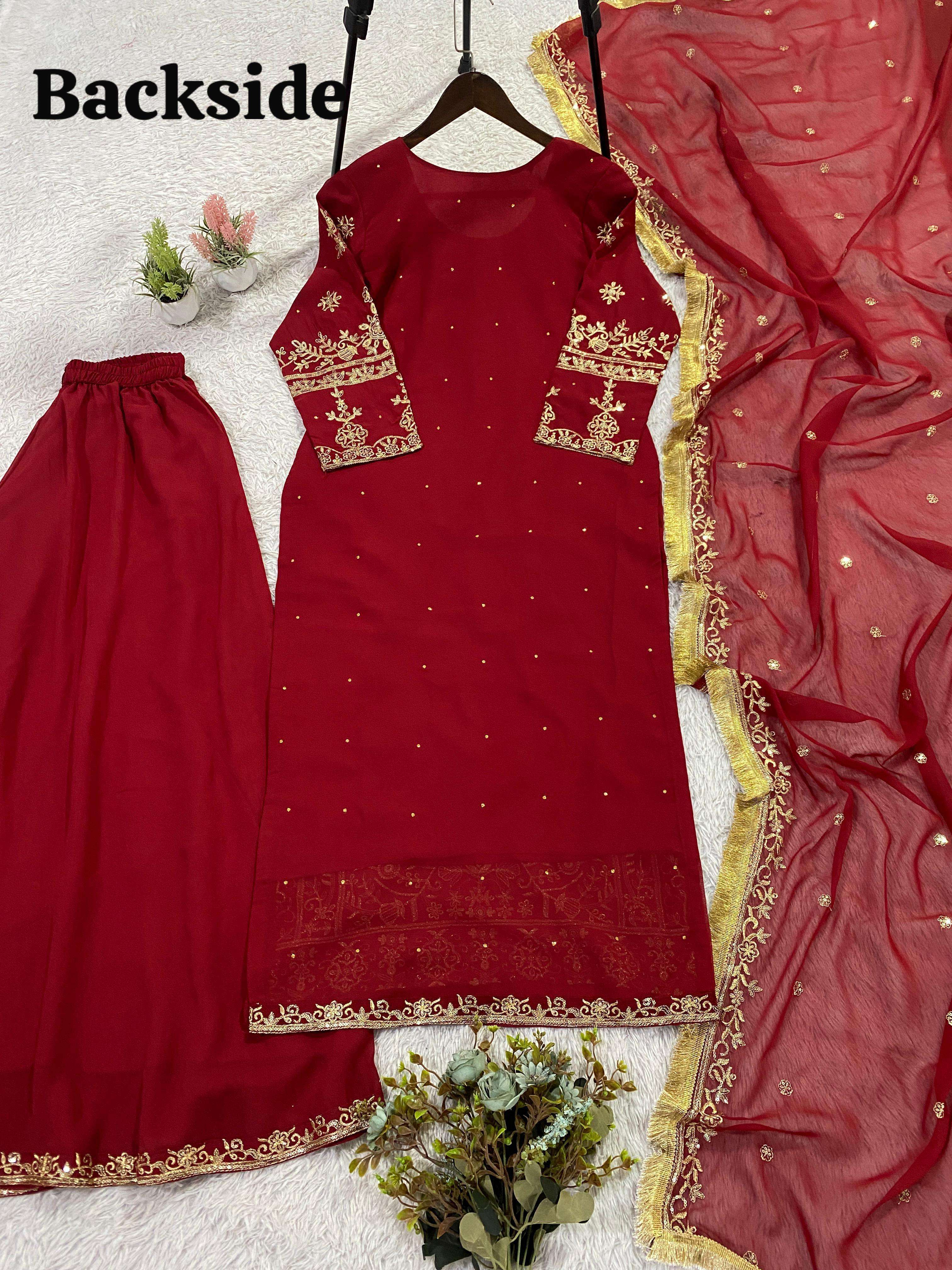 LG 2086 MAROON GEORGETTE HEAVY EMBROIDERED DESIGNER WEDDING WEAR LADIES SUIT