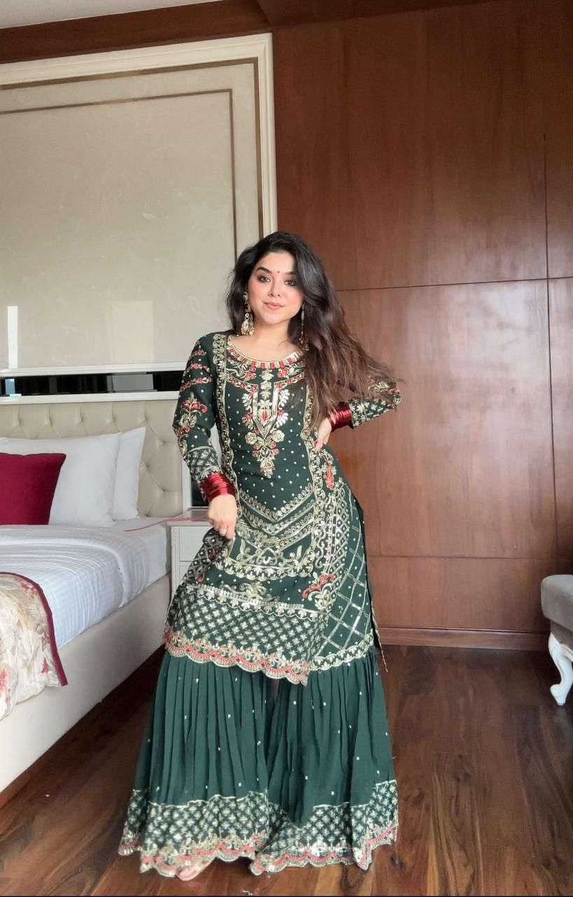 LM 01 GEORGETTE HEAVY EMBROIDERED DESIGNER PARTY WEAR SHARARA SUIT
