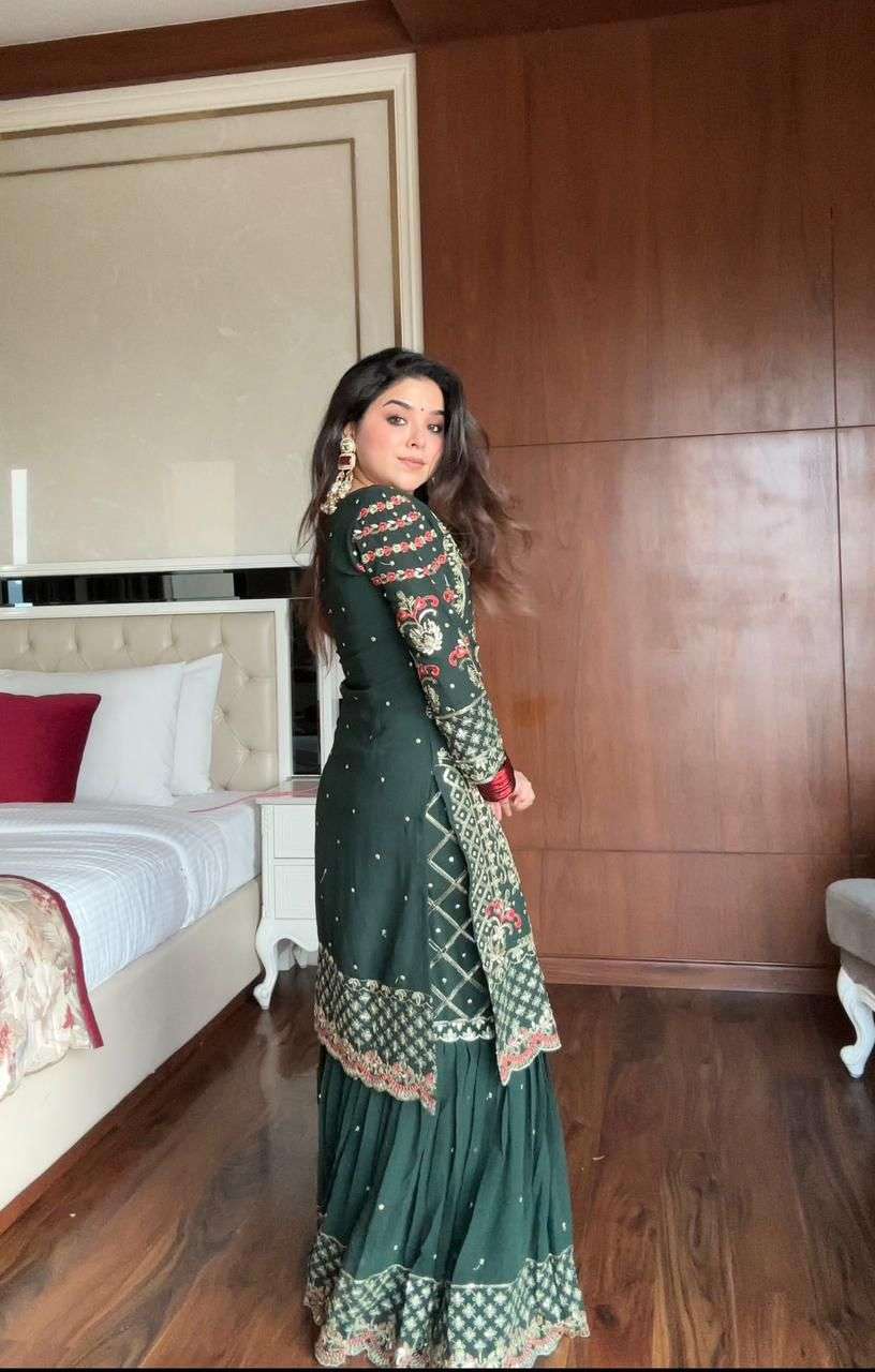 LM 01 GEORGETTE HEAVY EMBROIDERED DESIGNER PARTY WEAR SHARARA SUIT