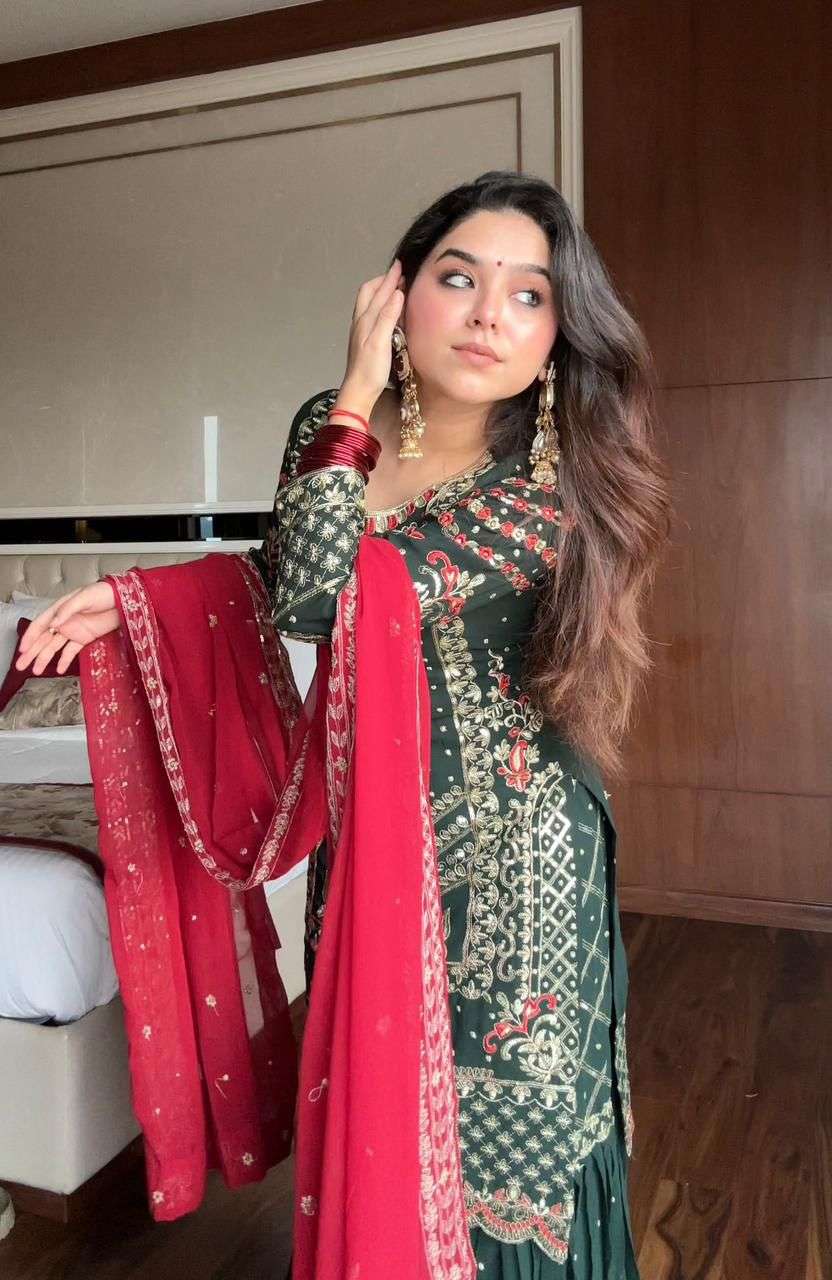 LM 01 GEORGETTE HEAVY EMBROIDERED DESIGNER PARTY WEAR SHARARA SUIT