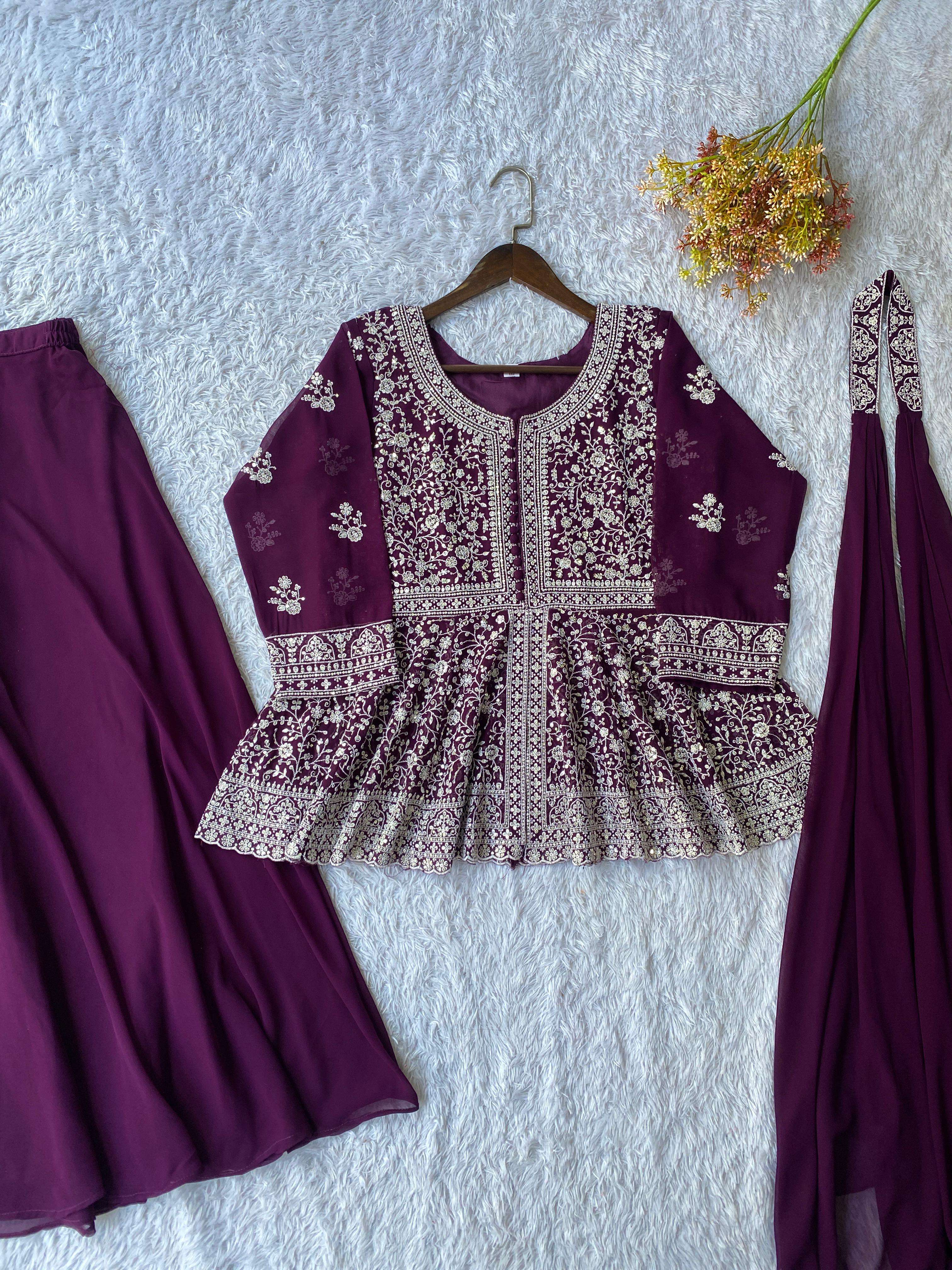 LM 14 GEORGETTE HEAVY DESIGNER PEPLUM TOP PLAZZO AND DUPATTA