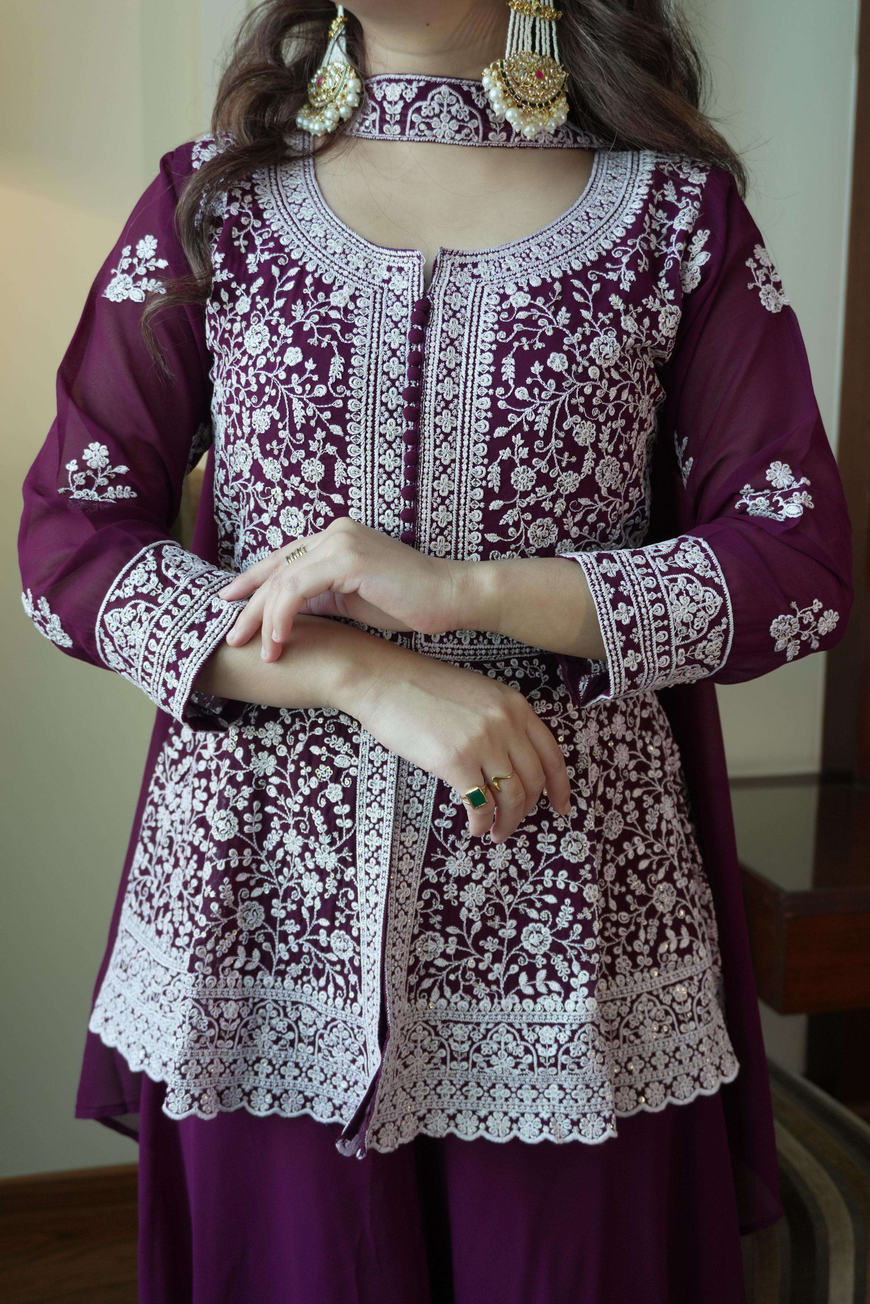 LM 14 GEORGETTE HEAVY DESIGNER PEPLUM TOP PLAZZO AND DUPATTA