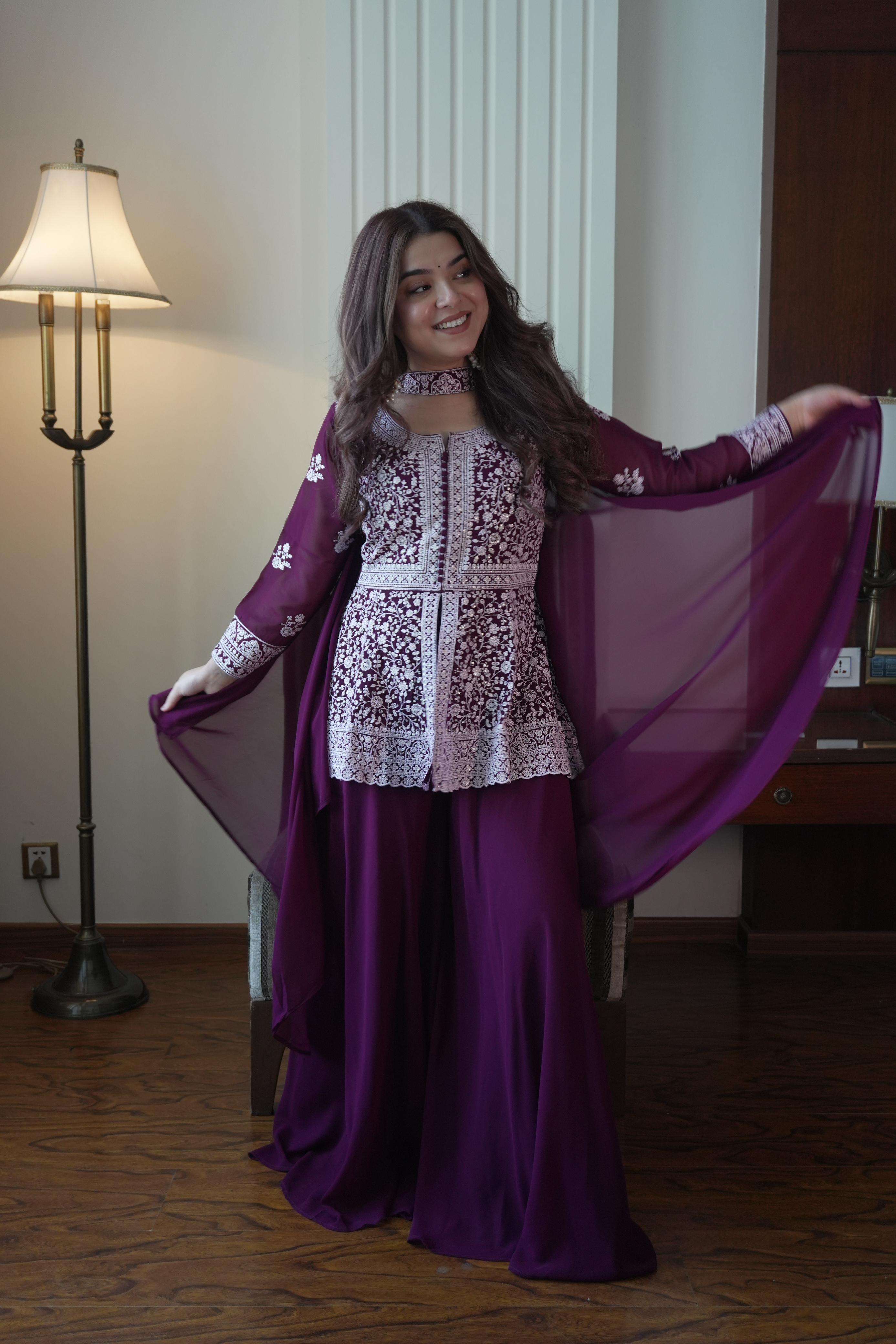 LM 14 GEORGETTE HEAVY DESIGNER PEPLUM TOP PLAZZO AND DUPATTA