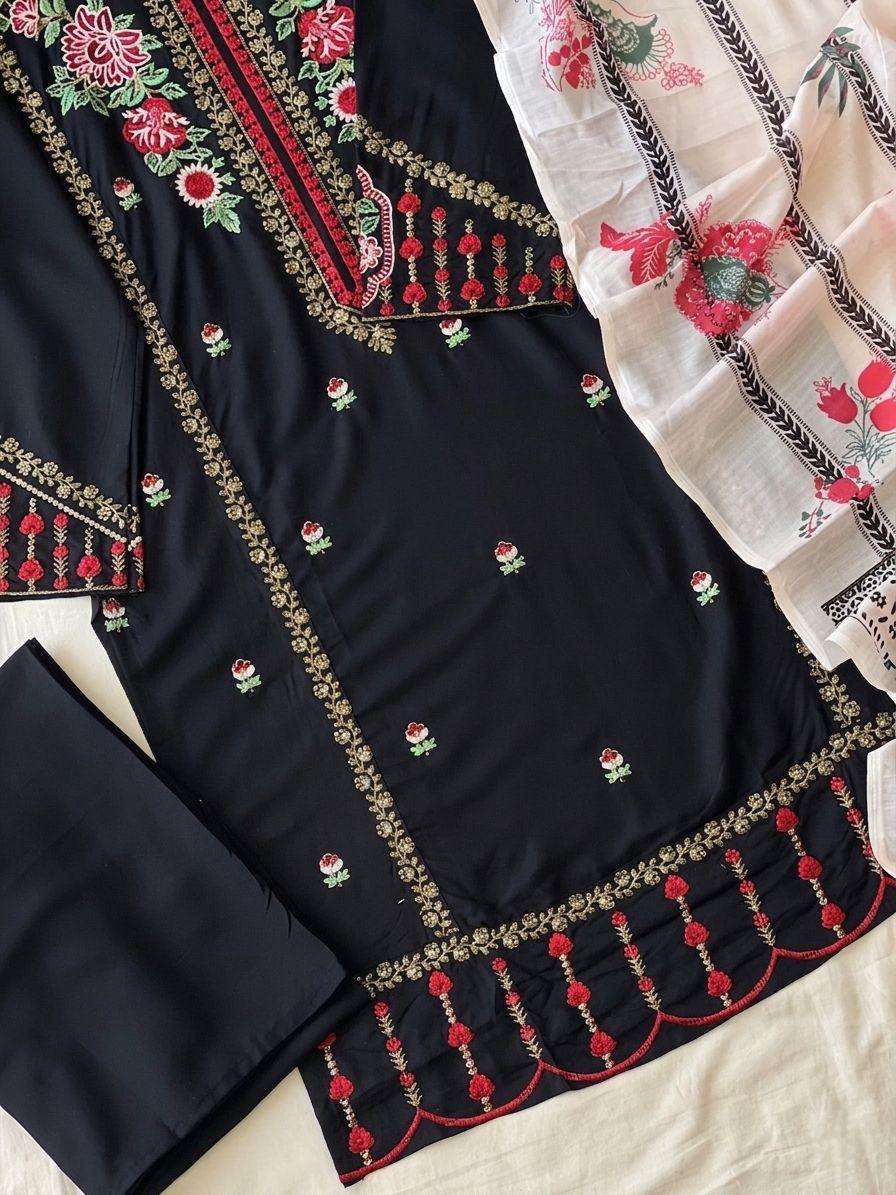 MF BLACK CHEVRON HIT DESIGN VISCOSE FANCY WORK READY MADE SUIT