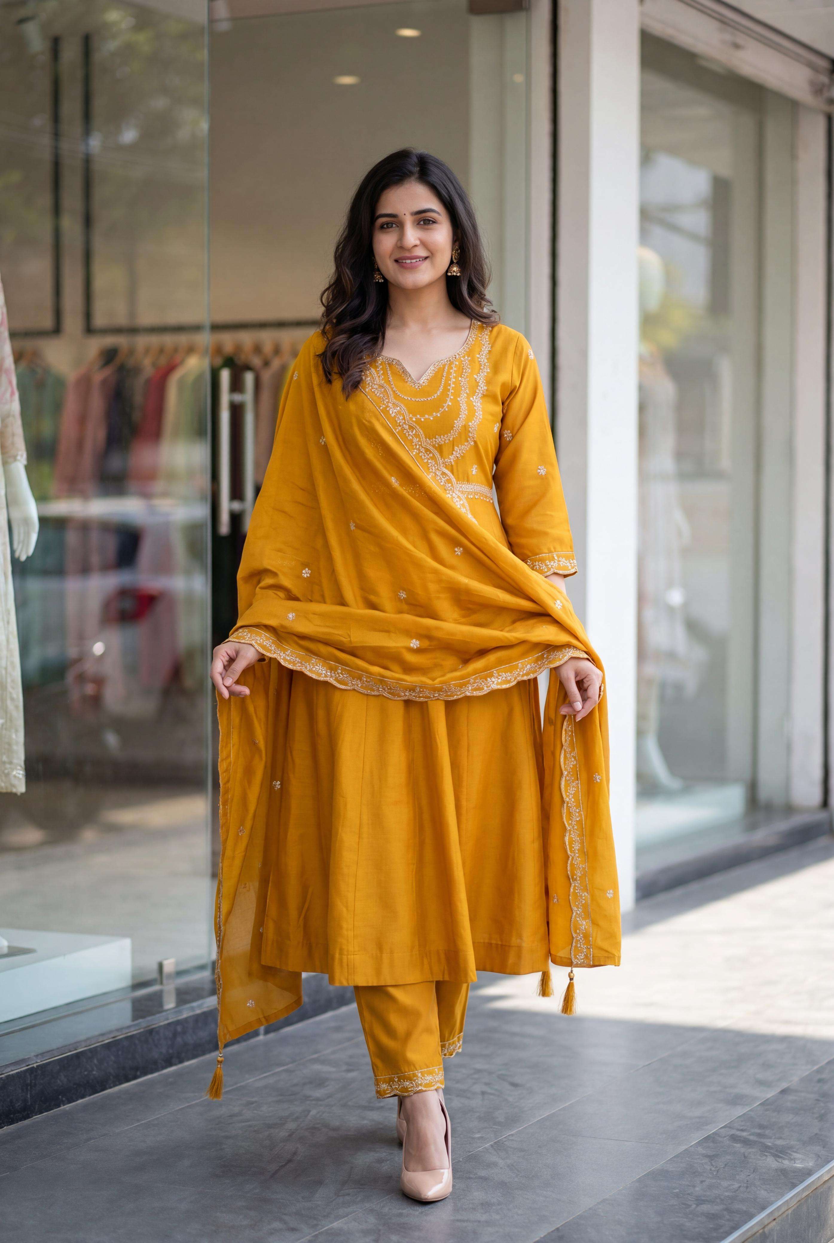 MF KRITI SILK DESIGNER WORK ANARKALI STYLE KURTI BOTTOM AND DUPATTA SET 