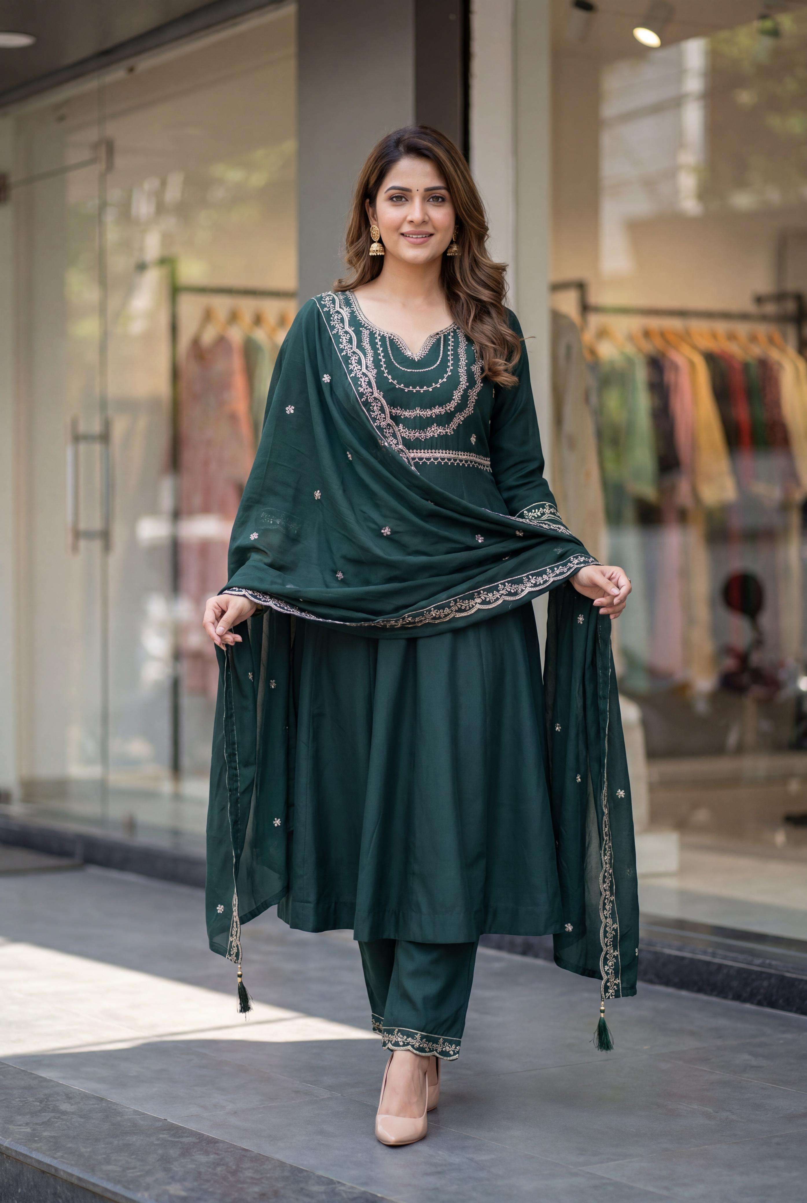 MF KRITI SILK DESIGNER WORK ANARKALI STYLE KURTI BOTTOM AND DUPATTA SET 