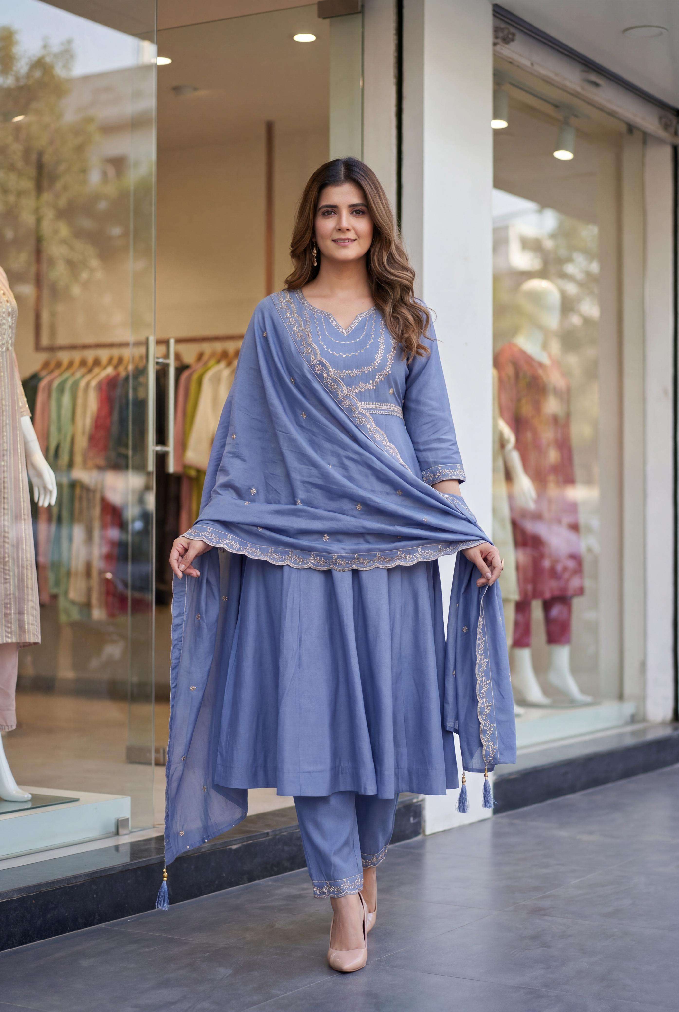 MF KRITI SILK DESIGNER WORK ANARKALI STYLE KURTI BOTTOM AND DUPATTA SET 