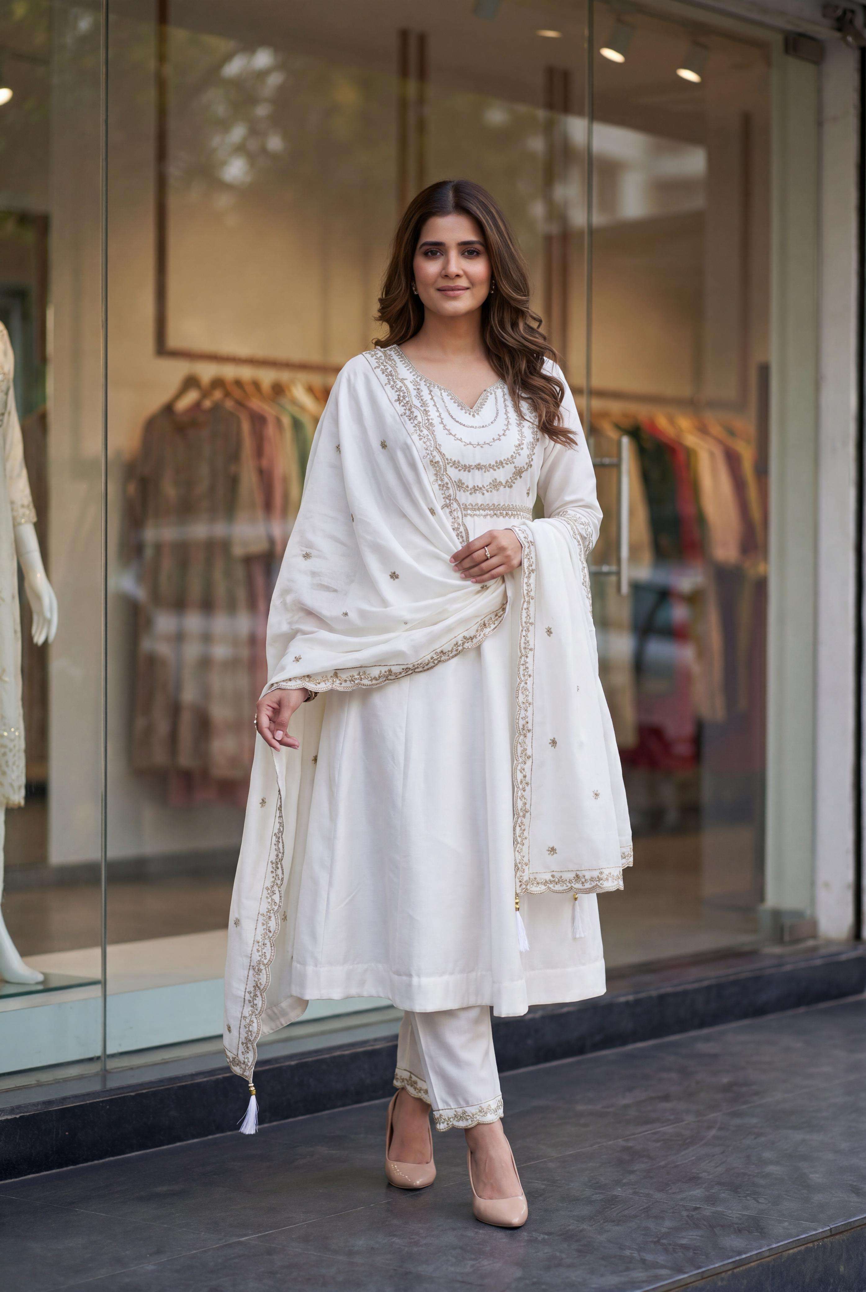 MF KRITI SILK DESIGNER WORK ANARKALI STYLE KURTI BOTTOM AND DUPATTA SET 