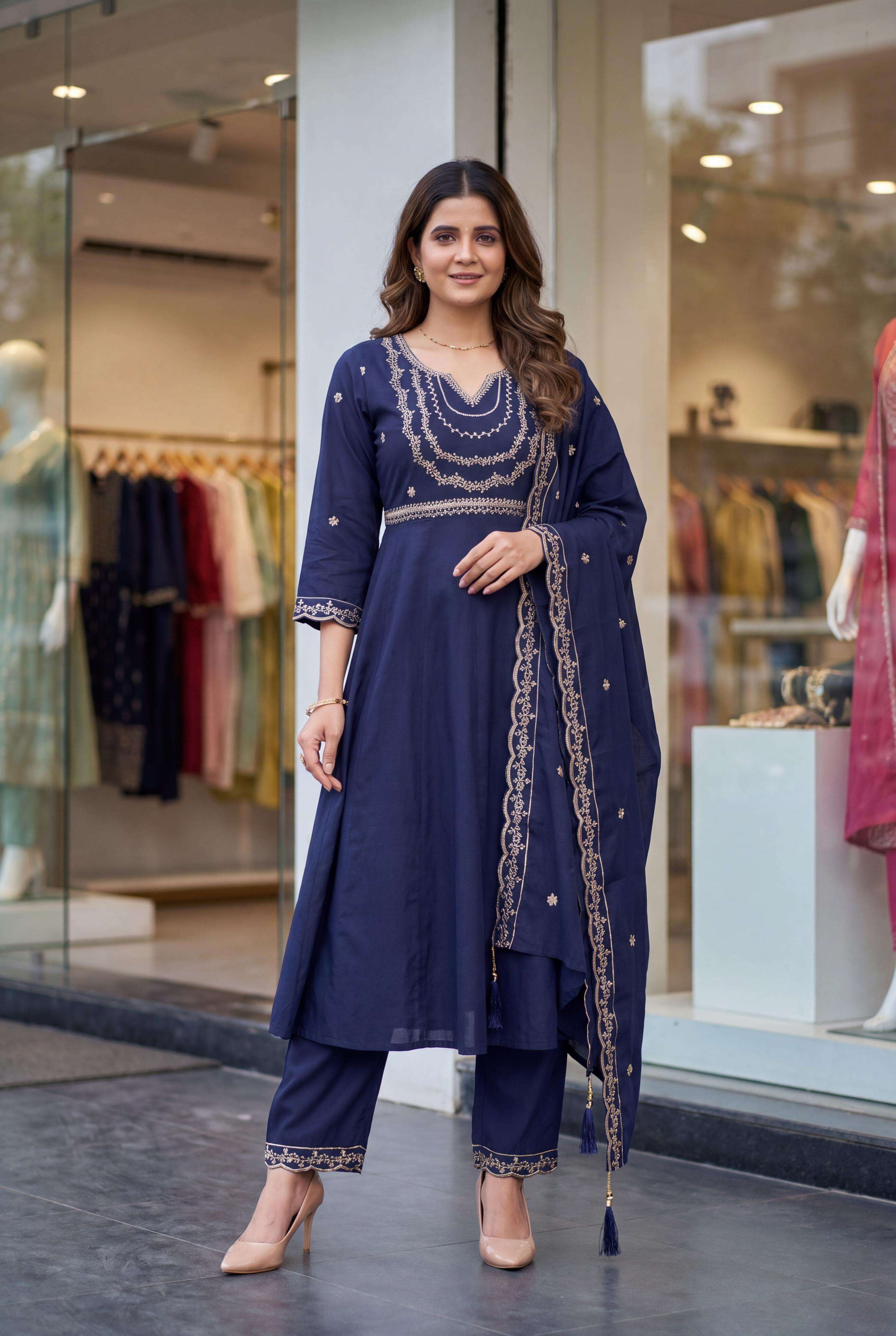 MF KRITI SILK DESIGNER WORK ANARKALI STYLE KURTI BOTTOM AND DUPATTA SET 