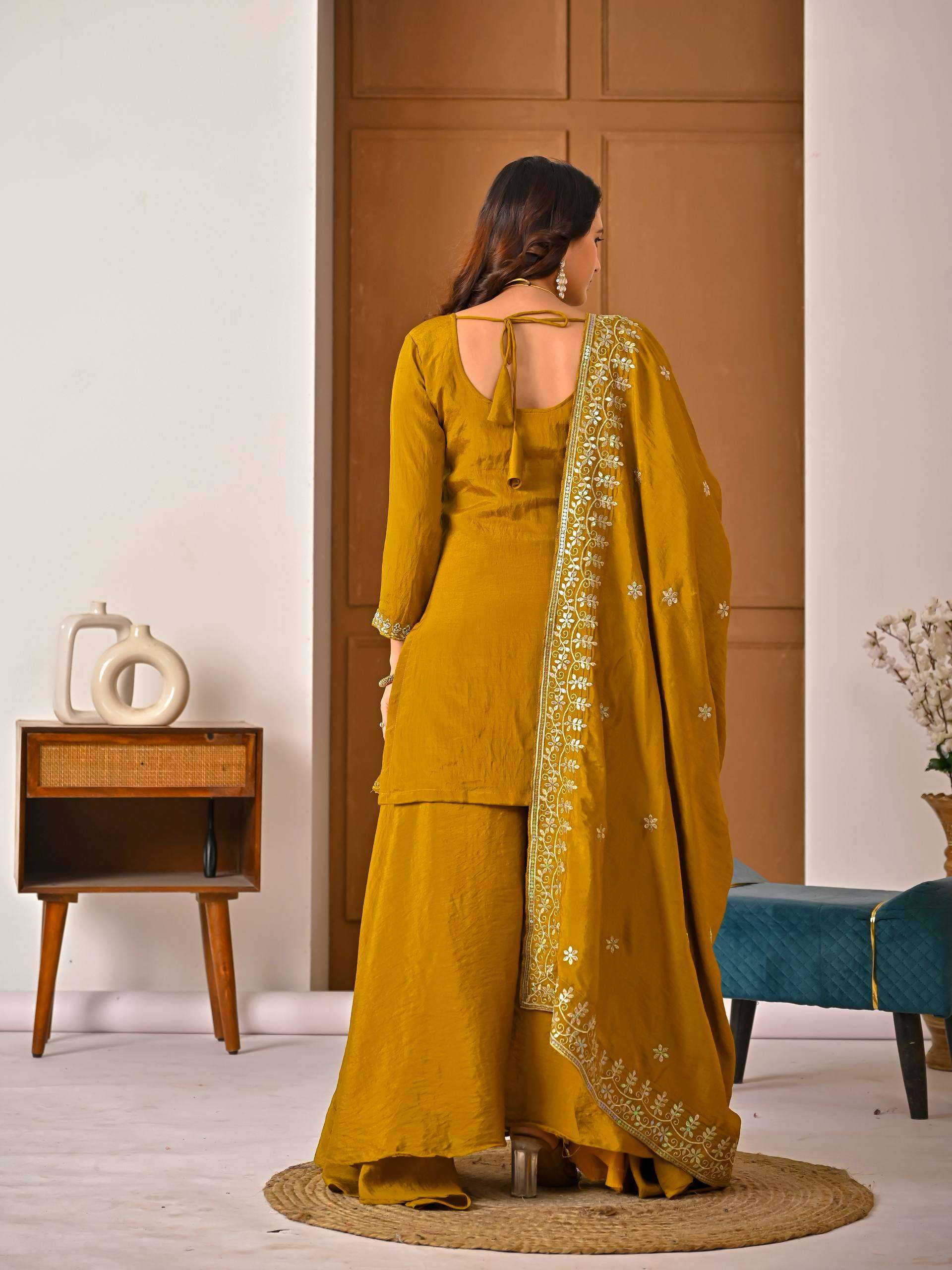 ND 5064 SILK DESIGNER PARTY WEAR LADIES TOP SHARARA PLAZZO AND DUPATTA SET 