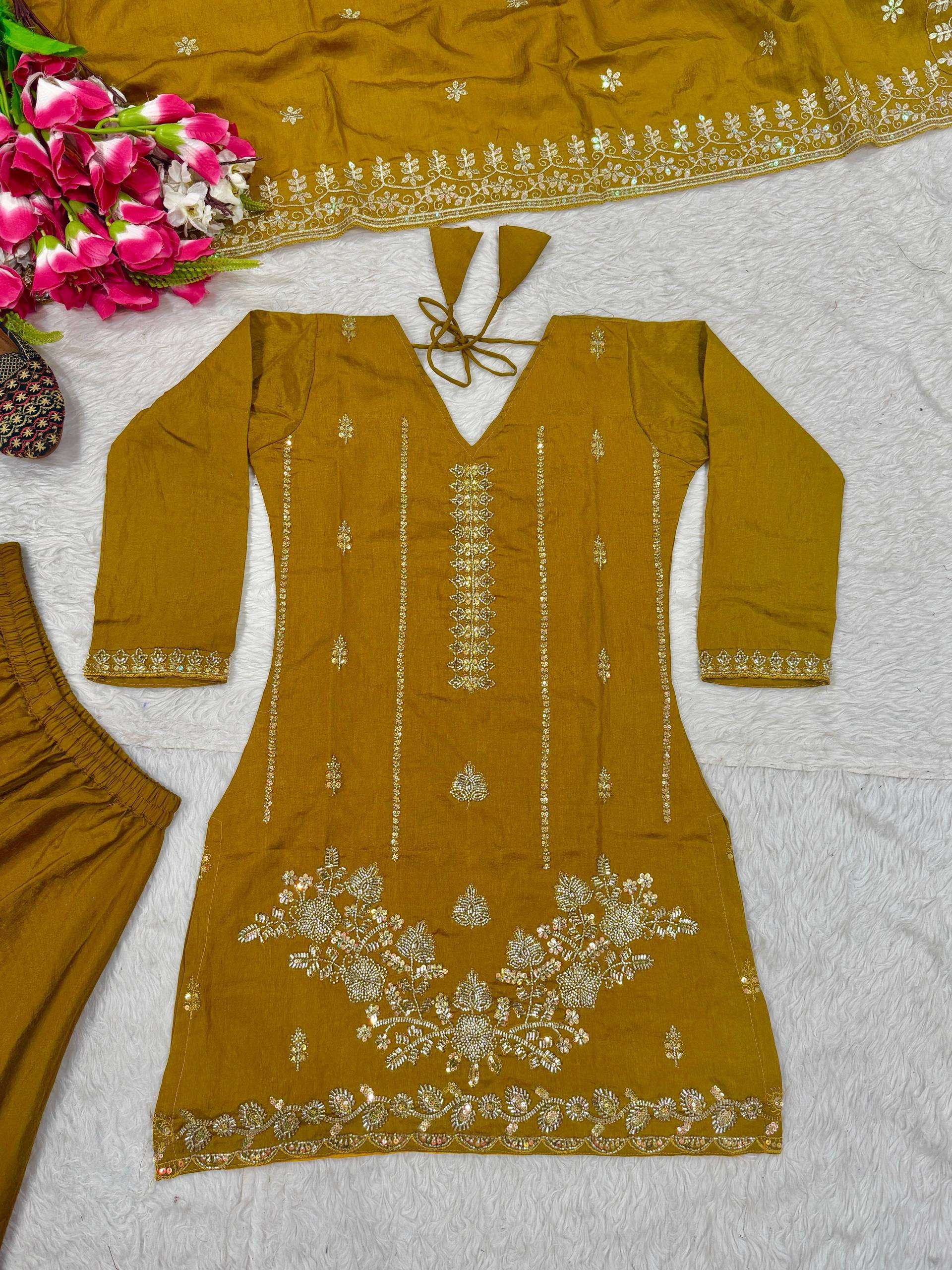 ND 5064 SILK DESIGNER PARTY WEAR LADIES TOP SHARARA PLAZZO AND DUPATTA SET 