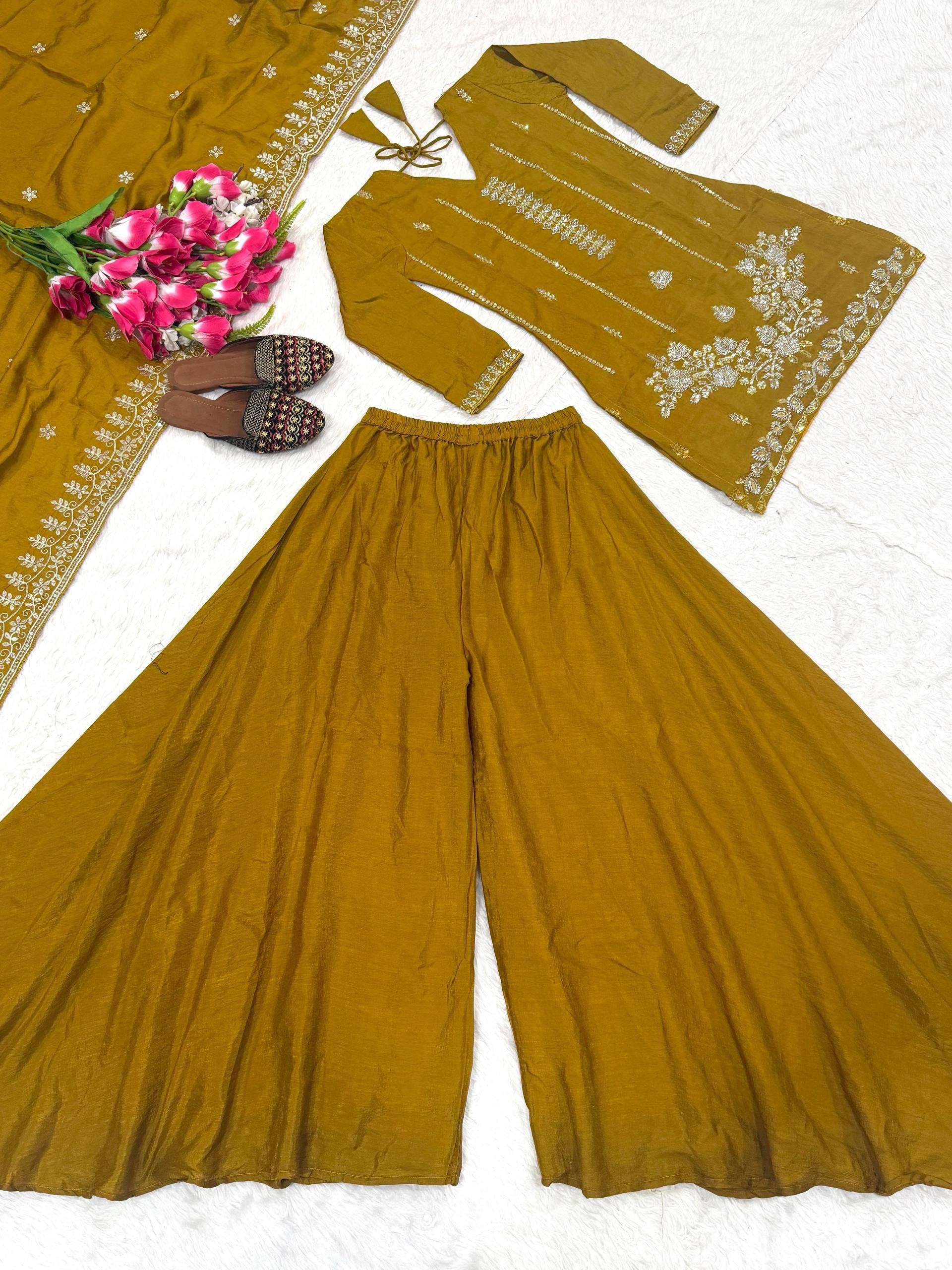 ND 5064 SILK DESIGNER PARTY WEAR LADIES TOP SHARARA PLAZZO AND DUPATTA SET 