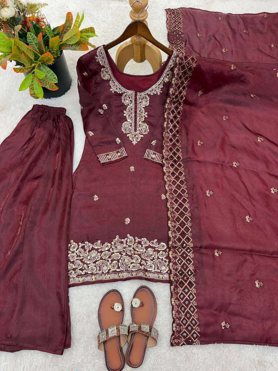 NSR 893 SILK DESIGNER PARTY WEAR LADIES TOP PLAZZO AND DUPATTA SET 