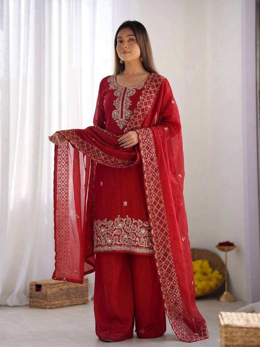 NSR 893 SILK DESIGNER PARTY WEAR LADIES TOP PLAZZO AND DUPATTA SET 