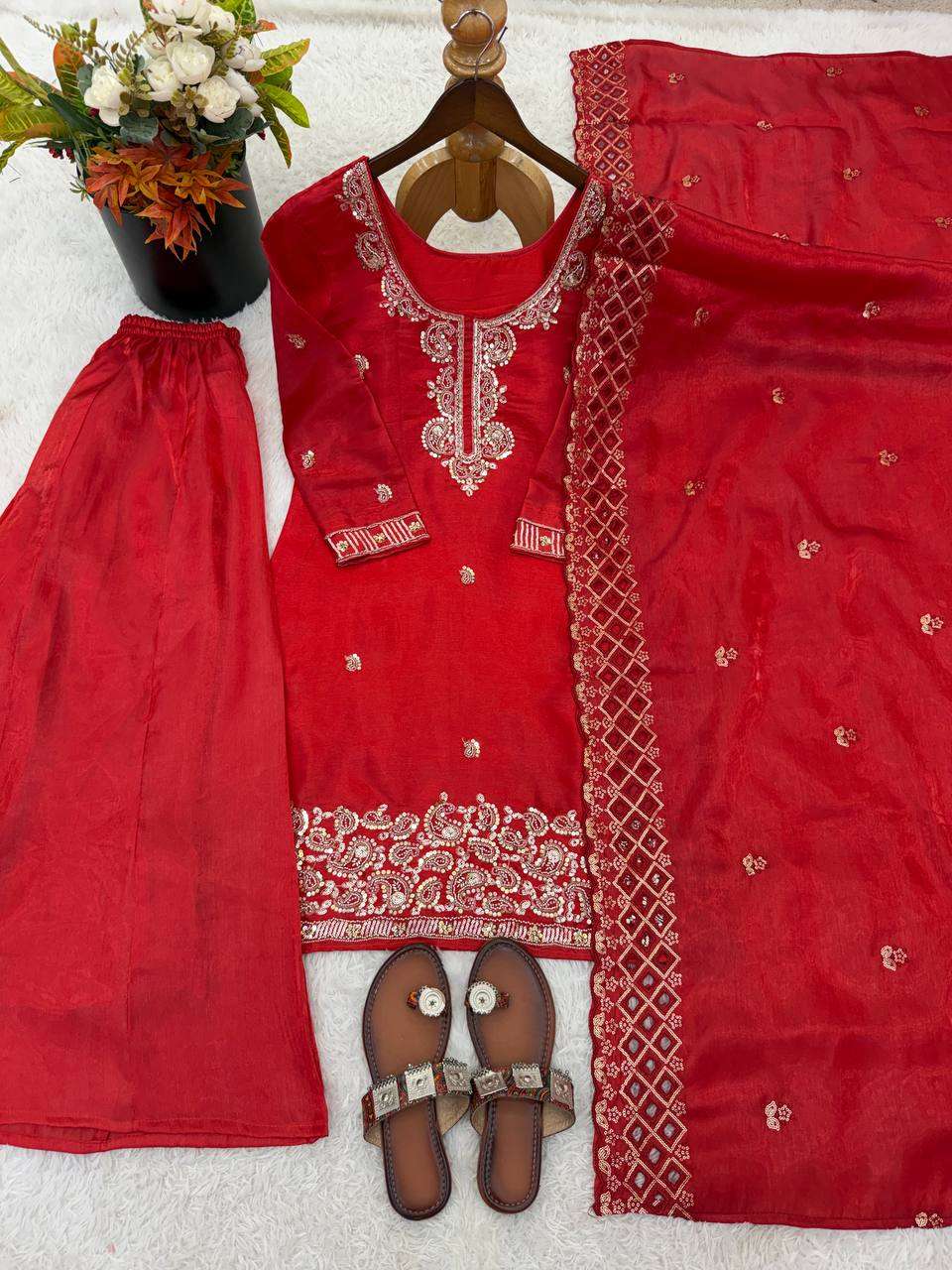 NSR 893 SILK DESIGNER PARTY WEAR LADIES TOP PLAZZO AND DUPATTA SET 
