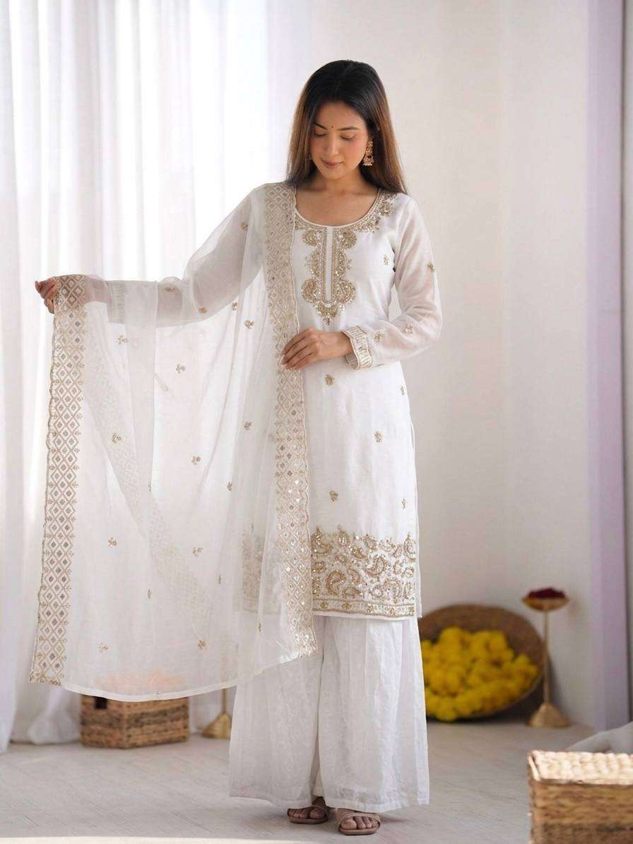 NSR 893 SILK DESIGNER PARTY WEAR LADIES TOP PLAZZO AND DUPATTA SET 