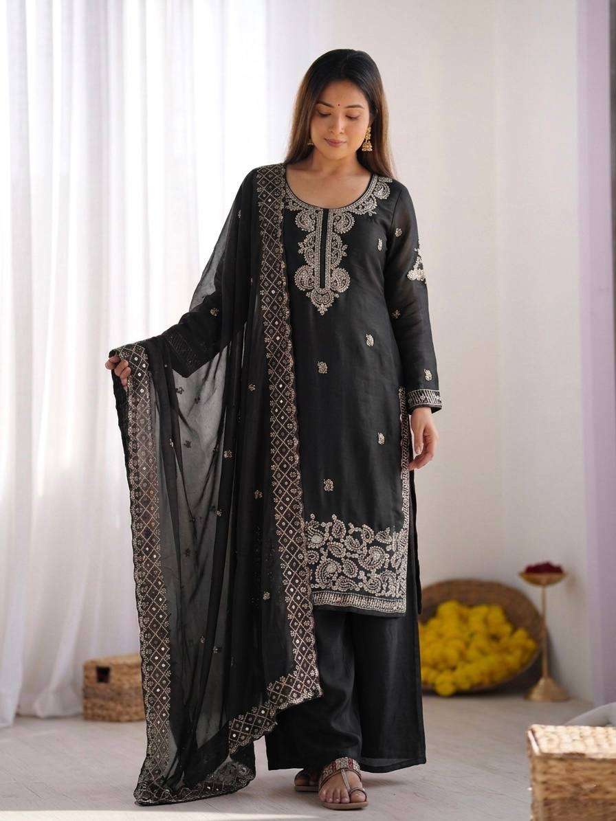 NSR 893 SILK DESIGNER PARTY WEAR LADIES TOP PLAZZO AND DUPATTA SET 