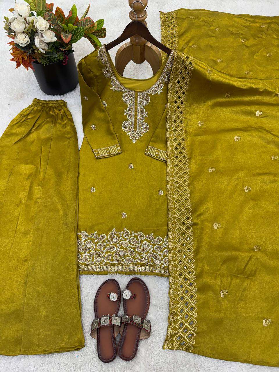 NSR 893 SILK DESIGNER PARTY WEAR LADIES TOP PLAZZO AND DUPATTA SET 