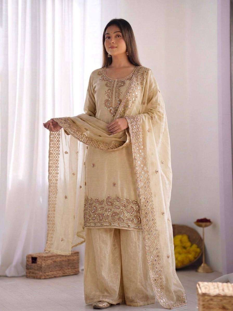NSR 893 SILK DESIGNER PARTY WEAR LADIES TOP PLAZZO AND DUPATTA SET 