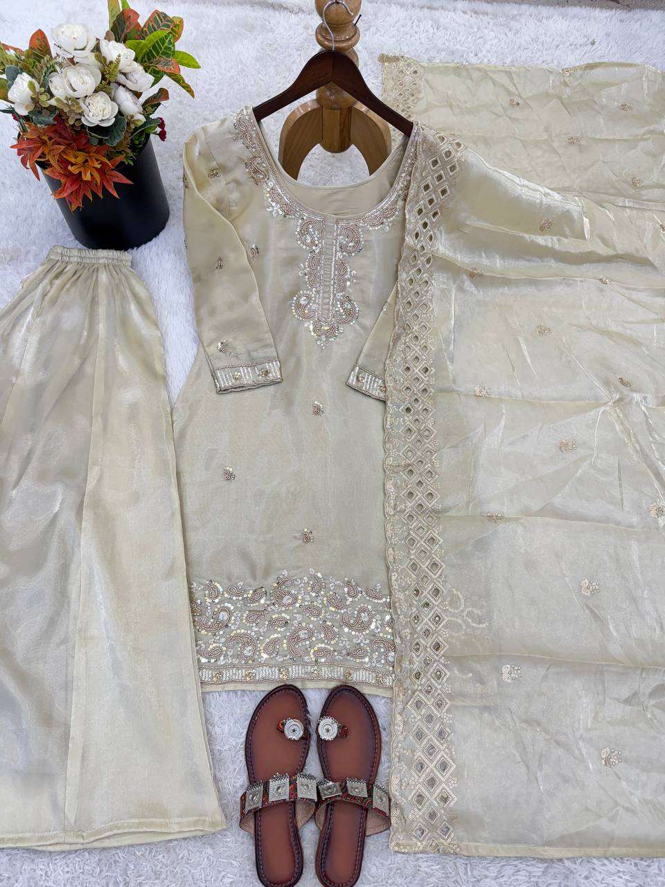 NSR 893 SILK DESIGNER PARTY WEAR LADIES TOP PLAZZO AND DUPATTA SET 