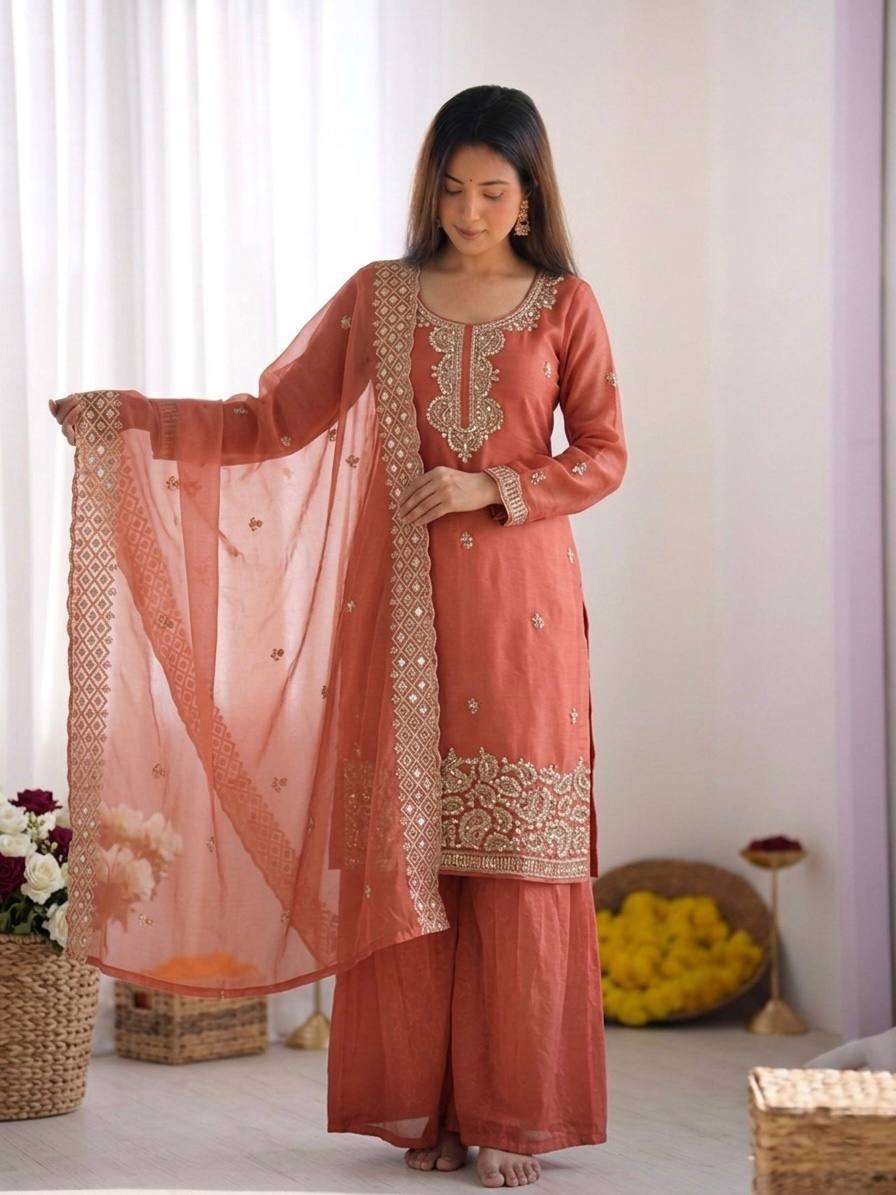 NSR 893 SILK DESIGNER PARTY WEAR LADIES TOP PLAZZO AND DUPATTA SET 