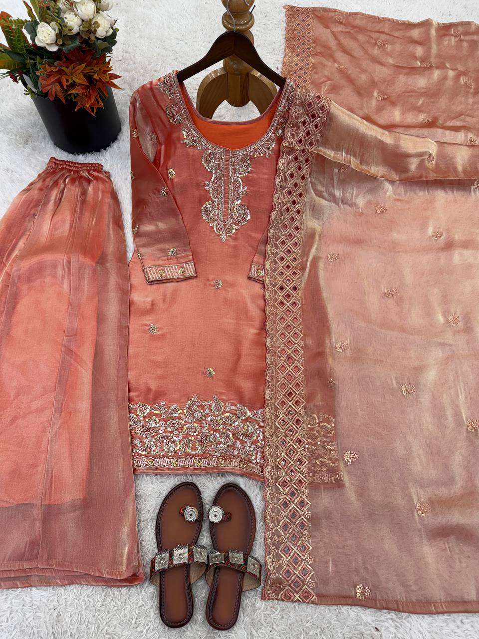 NSR 893 SILK DESIGNER PARTY WEAR LADIES TOP PLAZZO AND DUPATTA SET 