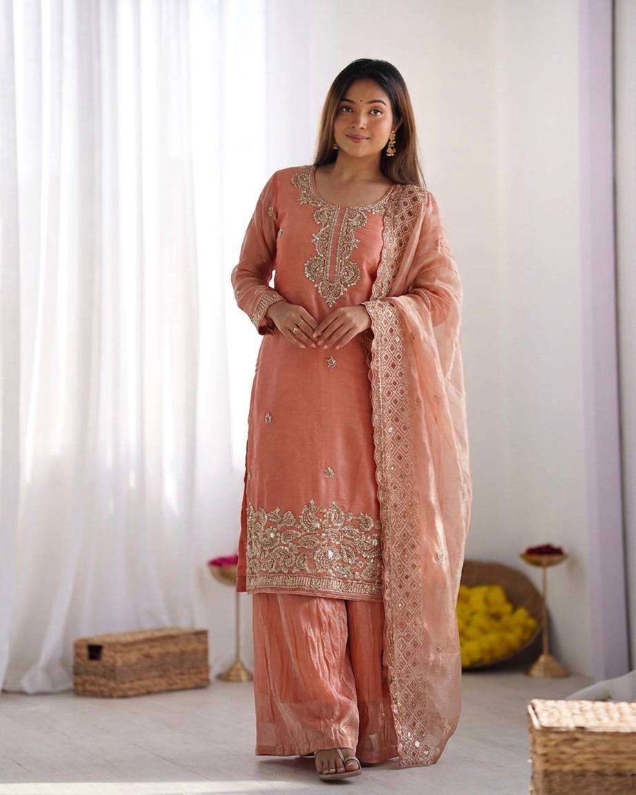 NSR 893 SILK DESIGNER PARTY WEAR LADIES TOP PLAZZO AND DUPATTA SET 