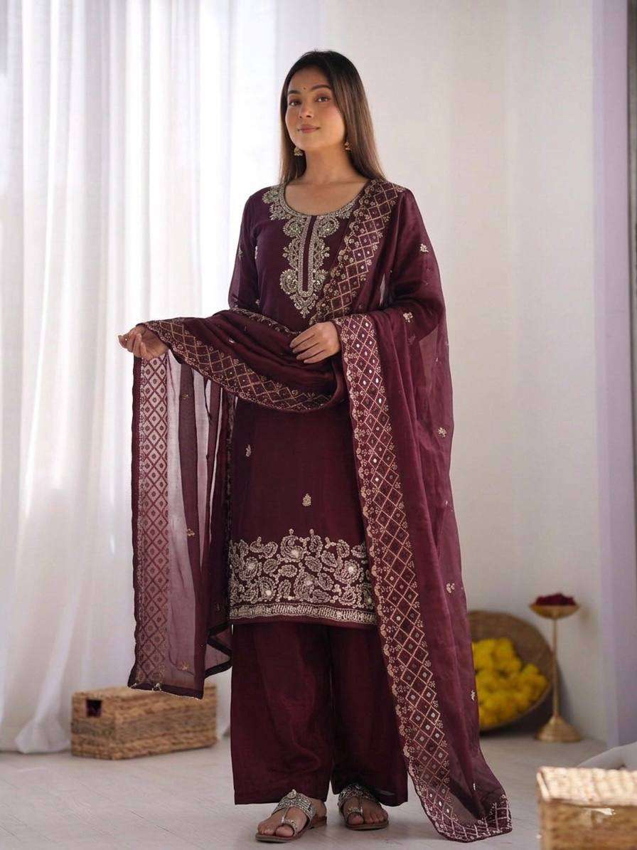 NSR 893 SILK DESIGNER PARTY WEAR LADIES TOP PLAZZO AND DUPATTA SET 