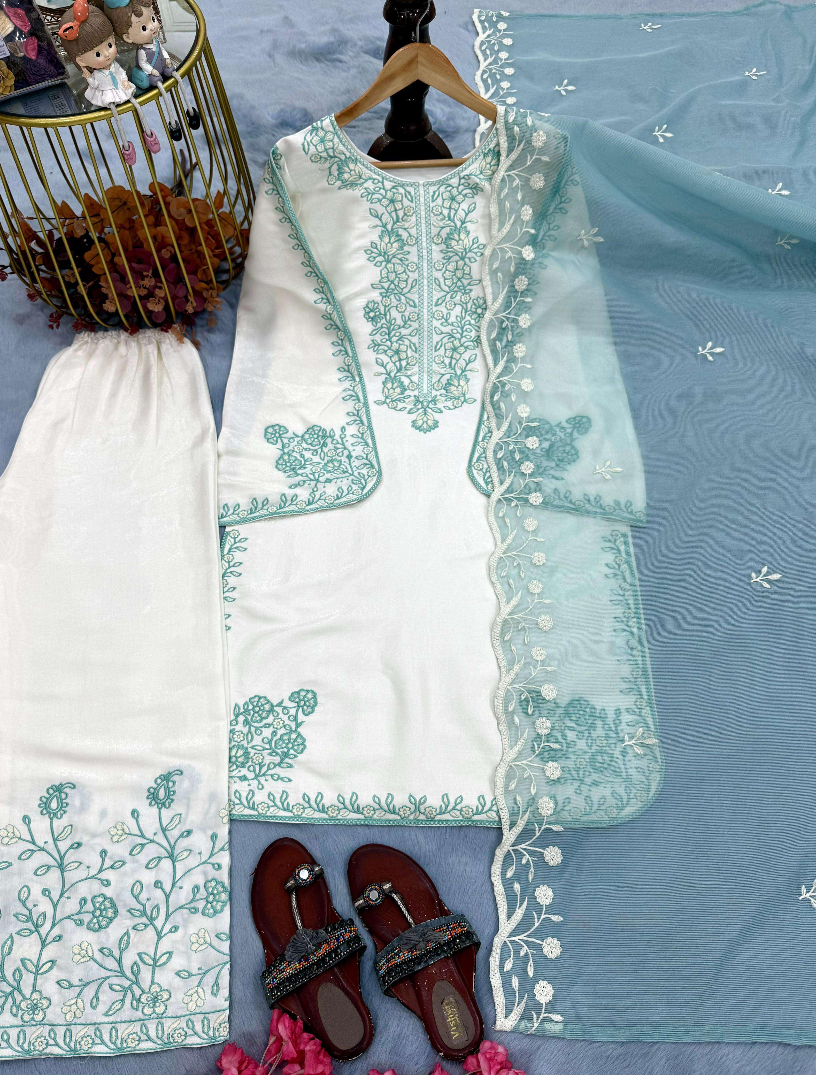 PD 1051 SILK DESIGNER WORK PARTY WEAR LOOK TOP FANCY PLAZZO AND DUPATTA SET 