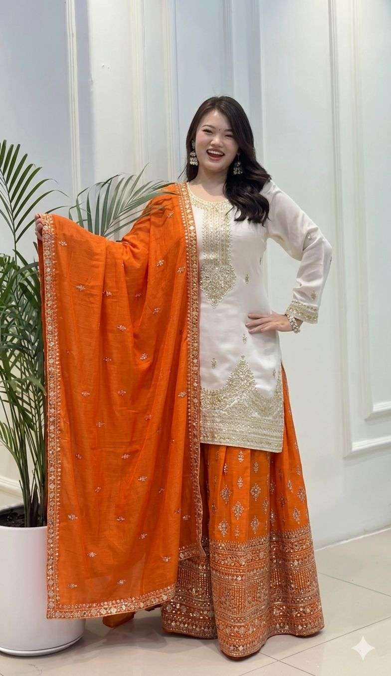 PD 1136 SILK HEAVY DESIGNER READYMADE TOP PLAZZO & DUPATTA COLLECTION