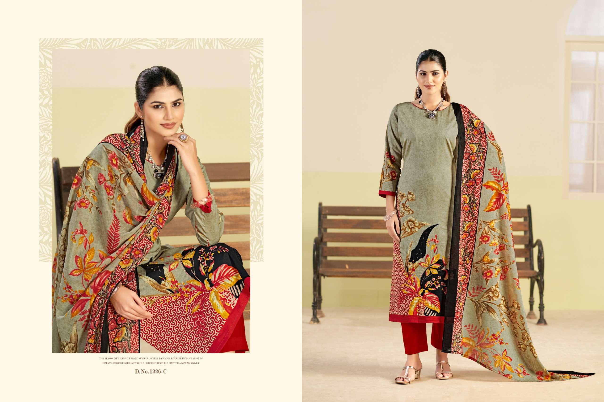 RADHIKA FASHION AZARA KAYKA D NO 1226 JAM COTTON PRINT WITH FANCY HAND WORKS SUIT