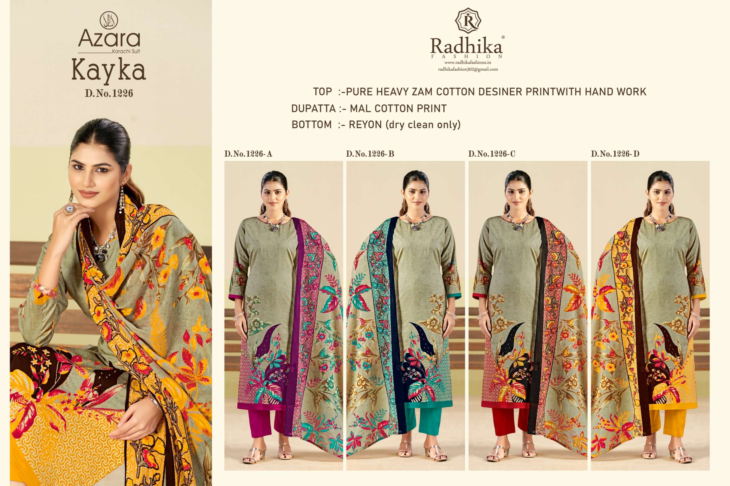 RADHIKA FASHION AZARA KAYKA D NO 1226 JAM COTTON PRINT WITH FANCY HAND WORKS SUIT