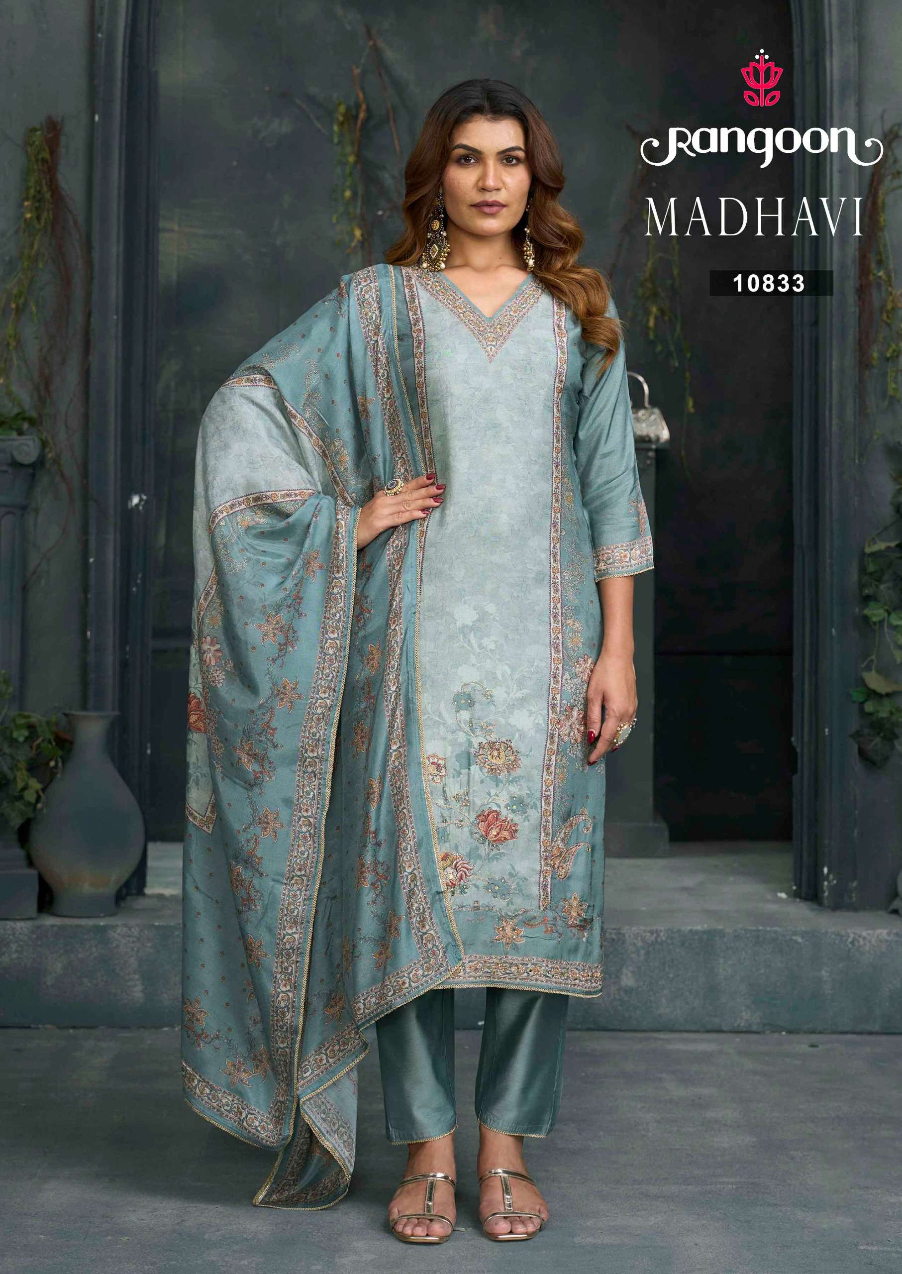 RANGOON MADHAVI MUSLIN DIGITAL PRINT WITH FANCY WORK LADIES 3PCS SET COLLECTION 