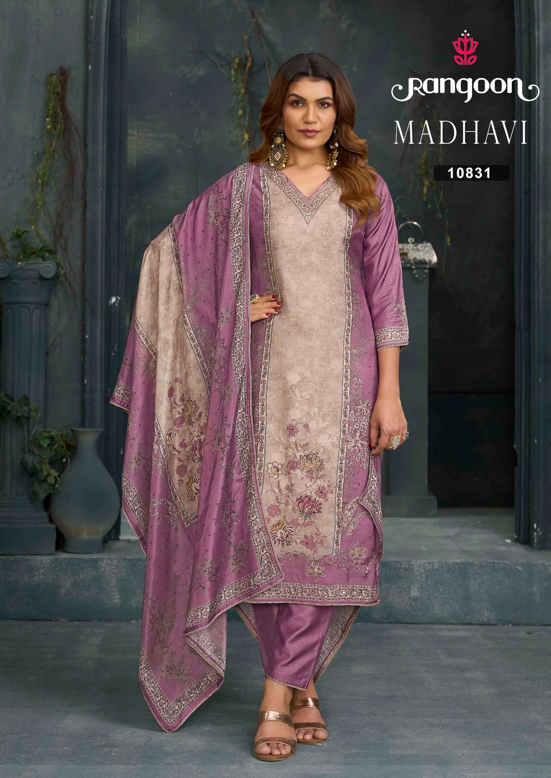 RANGOON MADHAVI MUSLIN DIGITAL PRINT WITH FANCY WORK LADIES 3PCS SET COLLECTION 