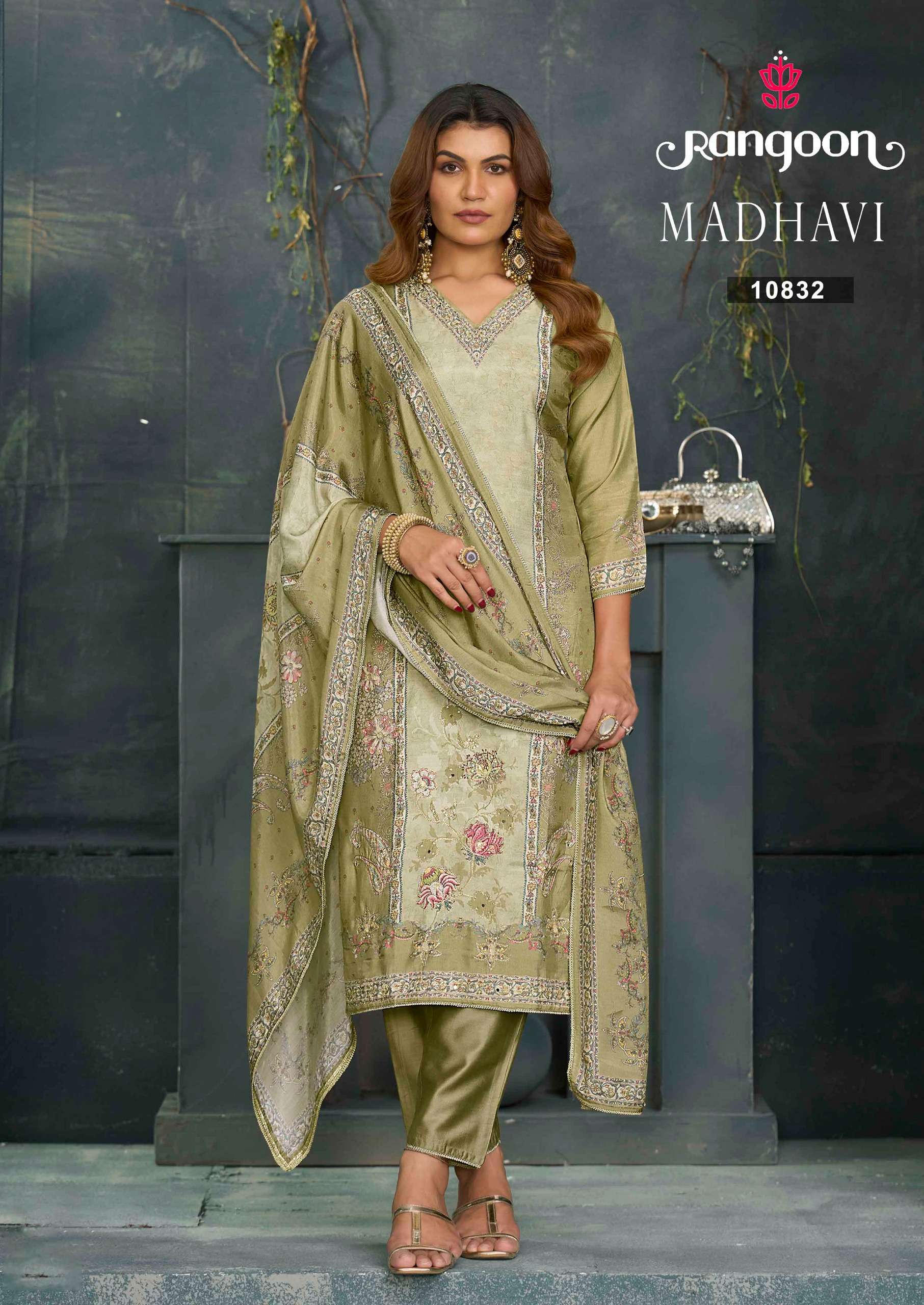 RANGOON MADHAVI MUSLIN DIGITAL PRINT WITH FANCY WORK LADIES 3PCS SET COLLECTION 
