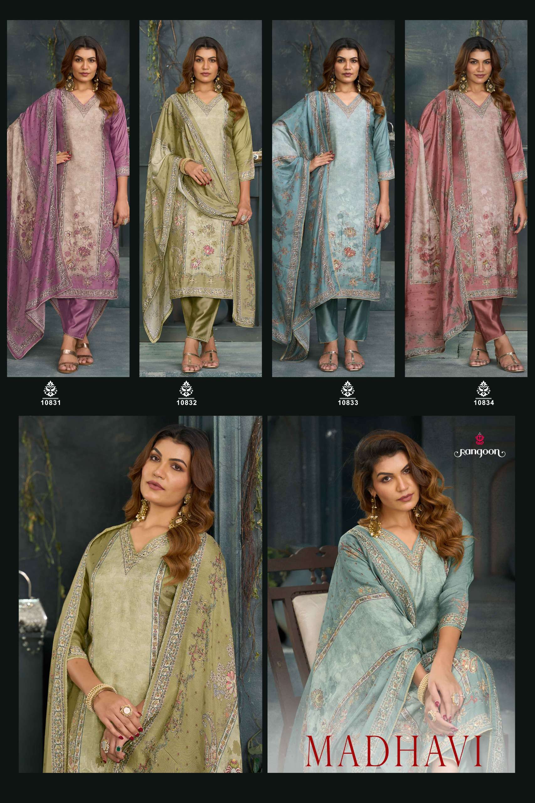 RANGOON MADHAVI MUSLIN DIGITAL PRINT WITH FANCY WORK LADIES 3PCS SET COLLECTION 