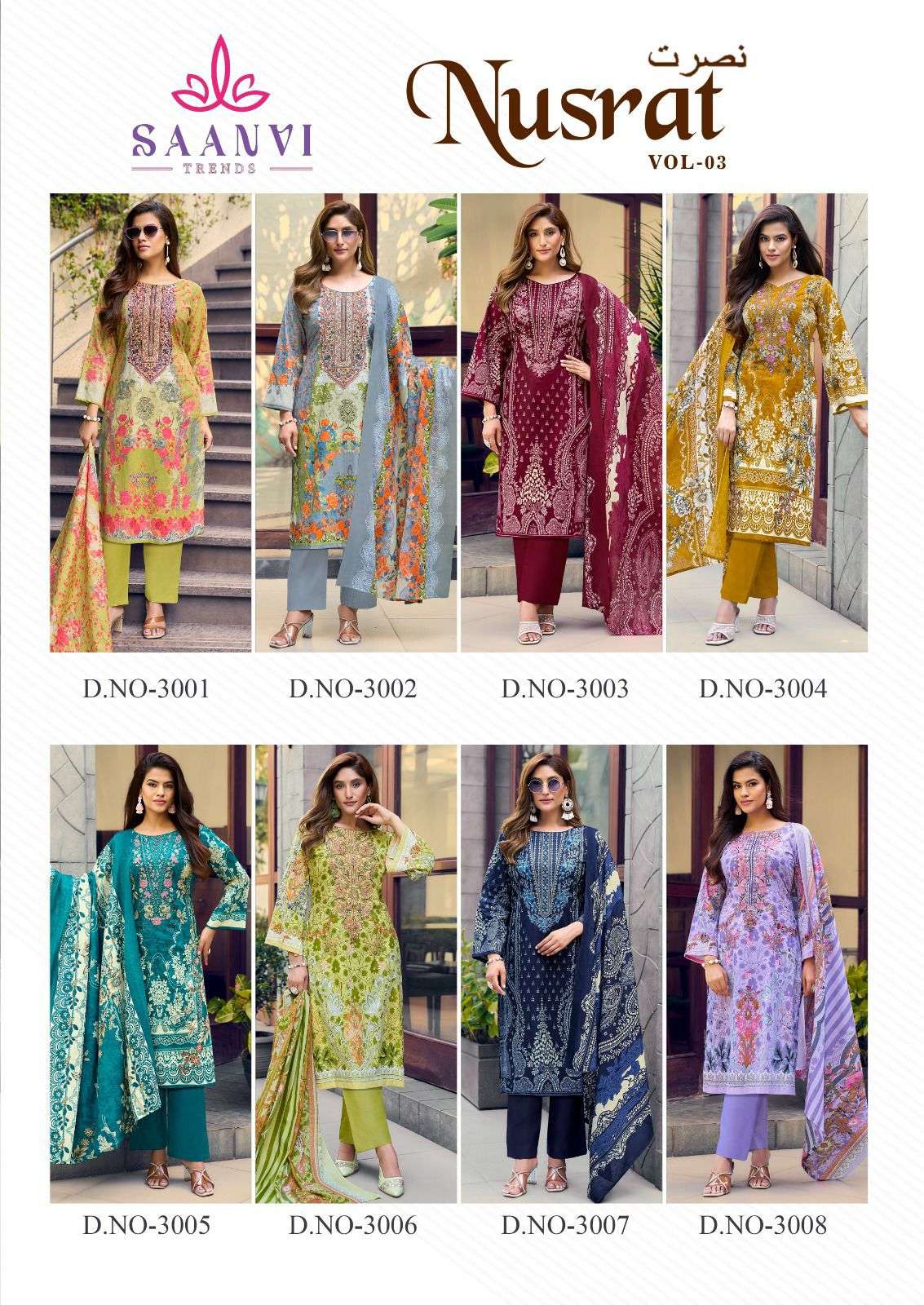 SAANVI TRENDS NUSRAT VOL 3 COTTON PRINTED WITH FANCY EMBROIDERY WORK SUIT