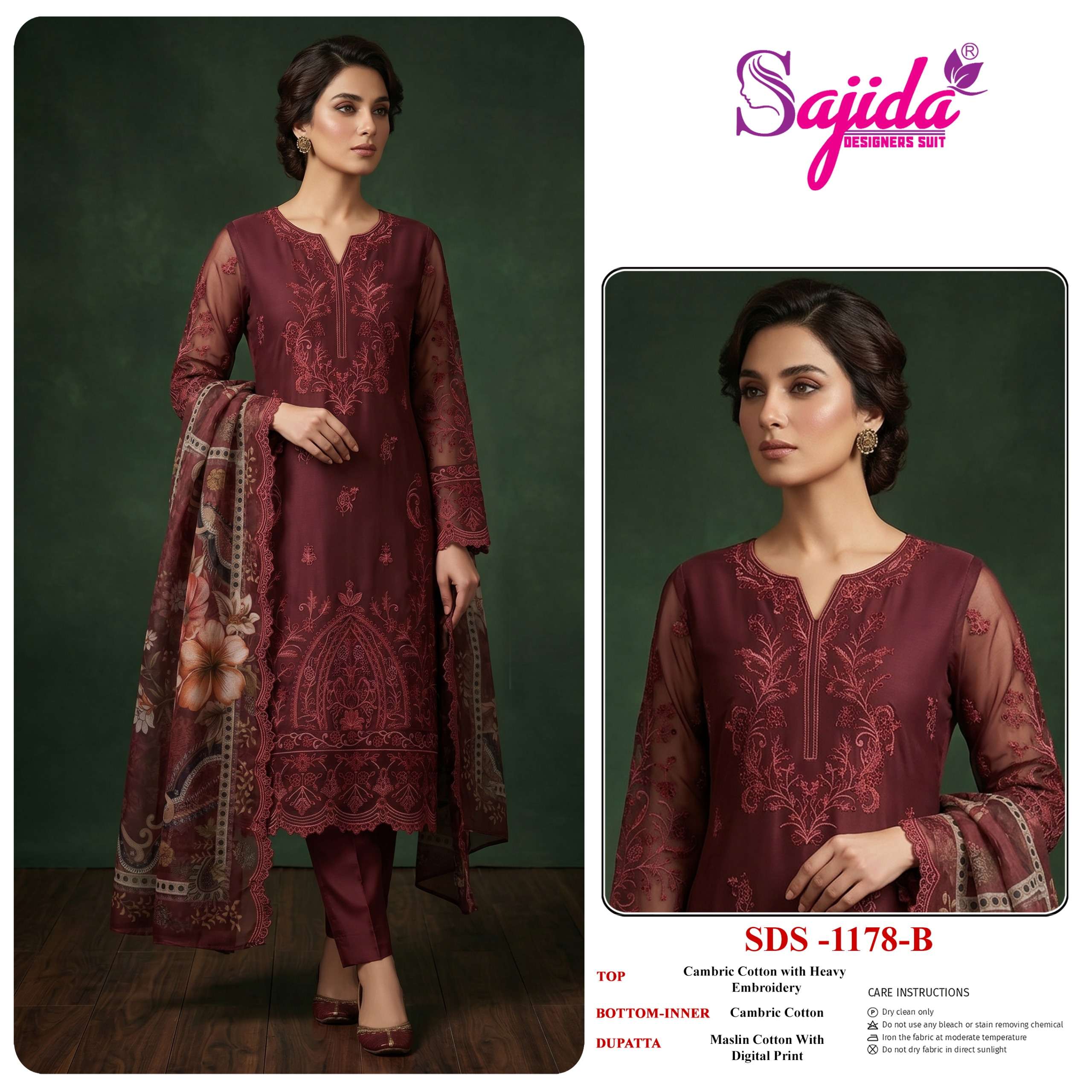 SAJIDA DESIGNER D NO 1178 COTTON WITH HEAVY EMBROIDERY DESIGNER WORK SUIT