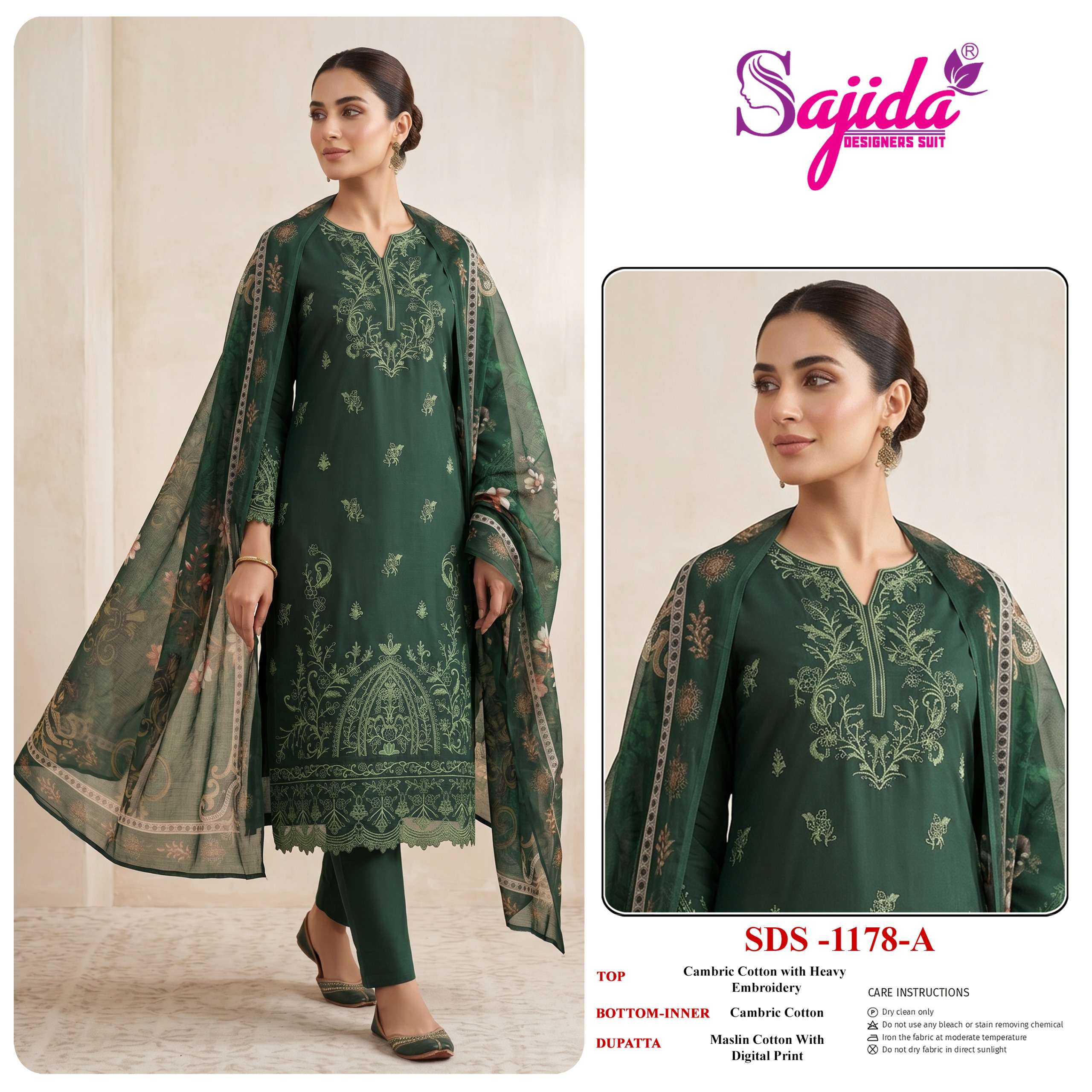 SAJIDA DESIGNER D NO 1178 COTTON WITH HEAVY EMBROIDERY DESIGNER WORK SUIT