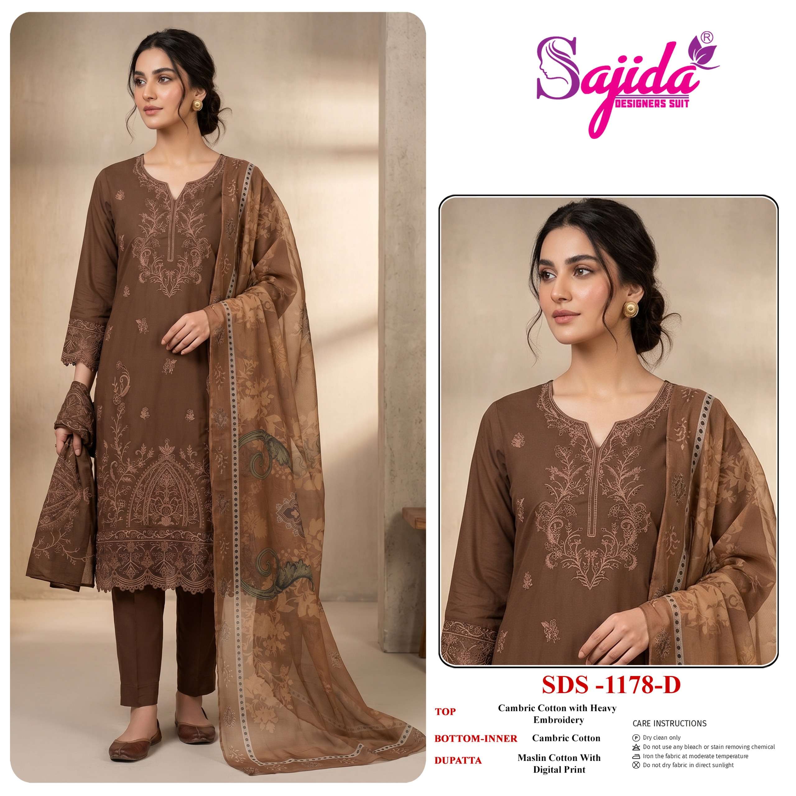 SAJIDA DESIGNER D NO 1178 COTTON WITH HEAVY EMBROIDERY DESIGNER WORK SUIT