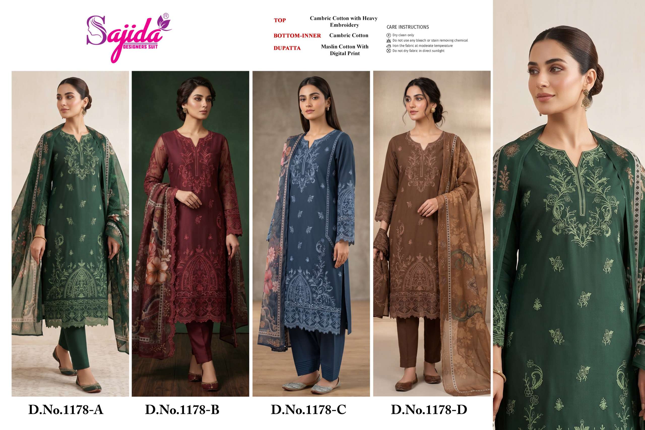 SAJIDA DESIGNER D NO 1178 COTTON WITH HEAVY EMBROIDERY DESIGNER WORK SUIT