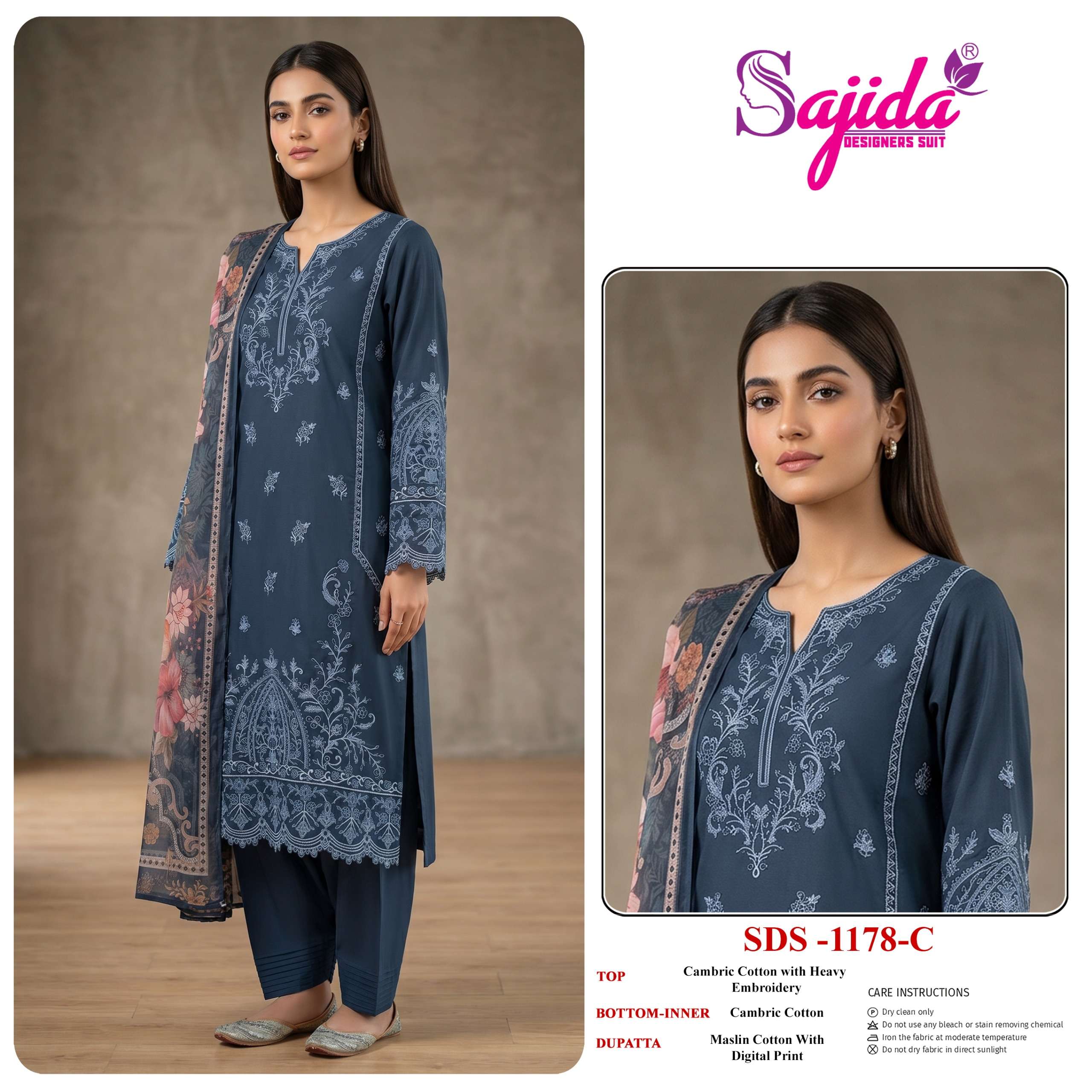 SAJIDA DESIGNER D NO 1178 COTTON WITH HEAVY EMBROIDERY DESIGNER WORK SUIT