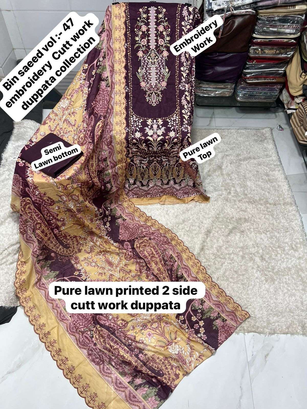 SAPPHIRE BIN SAEED VOL 47 LAWN COTTON DESIGNER WORK PAKISTANI SALWAR KAMEEZ 