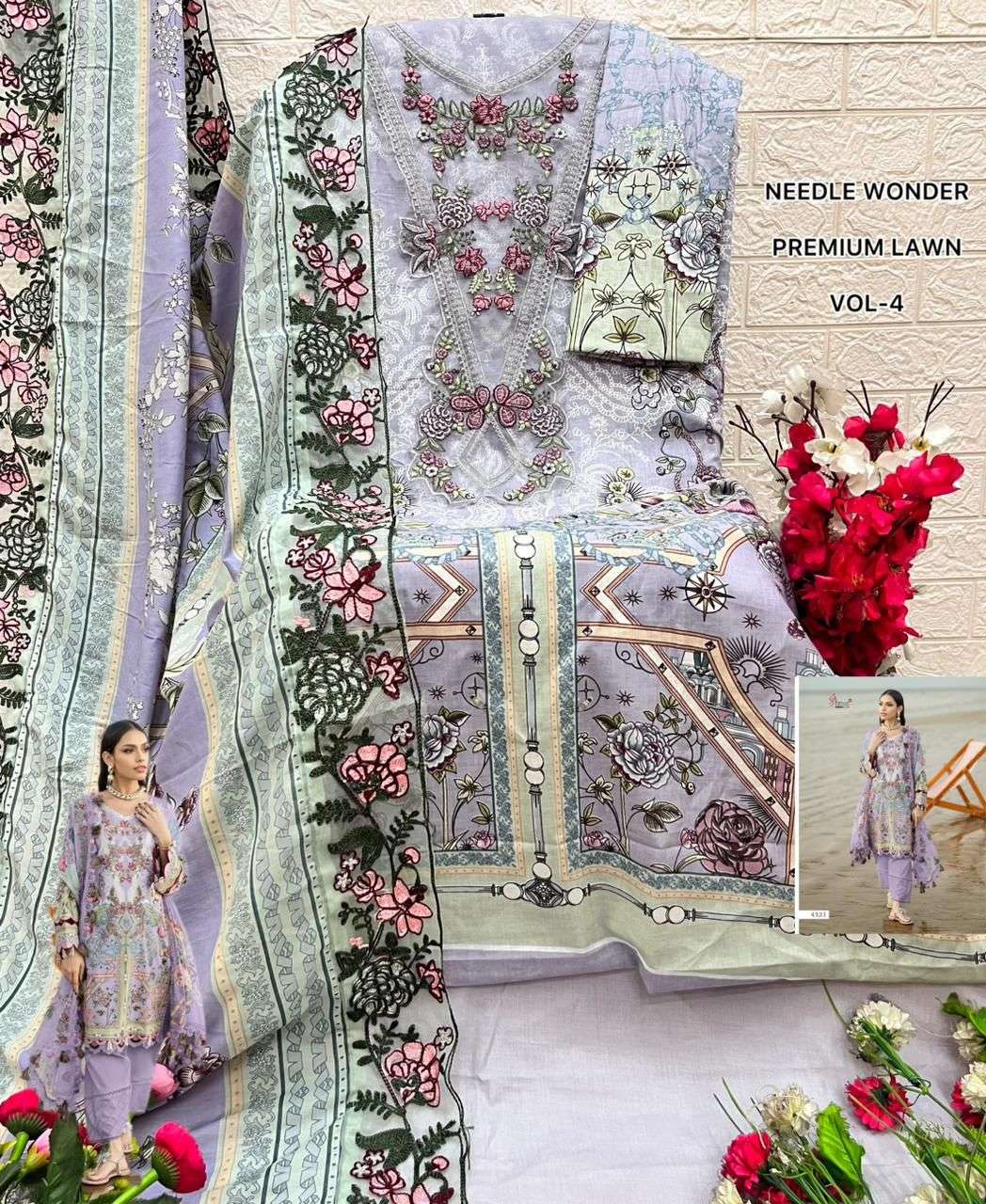SHREE FABS NEEDLE WONDER LAWN VOL 4 COTTON PRINT WITH HEAVY EMBROIDERY DESIGNER WORK SUIT