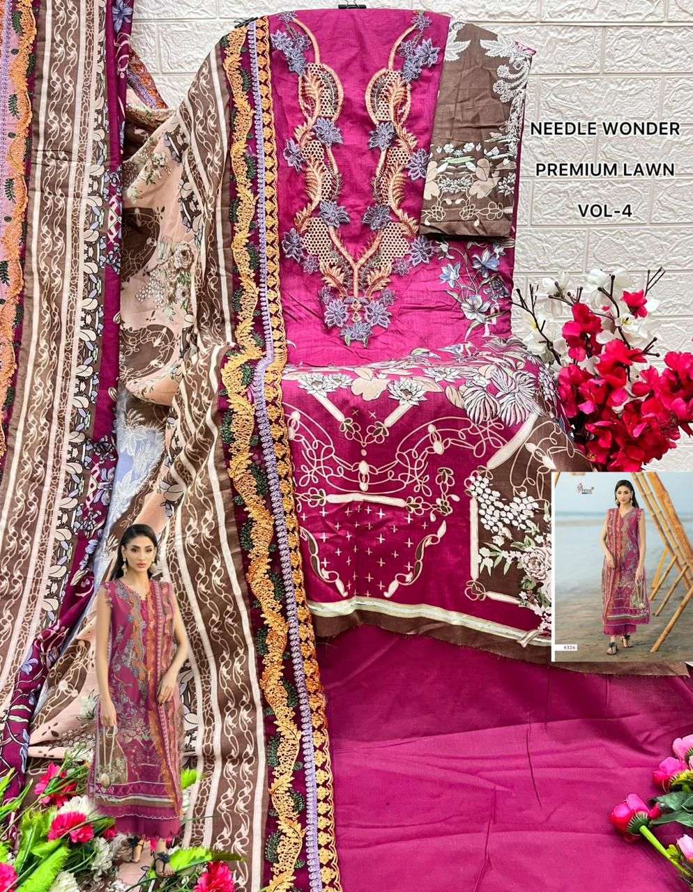 SHREE FABS NEEDLE WONDER LAWN VOL 4 COTTON PRINT WITH HEAVY EMBROIDERY DESIGNER WORK SUIT