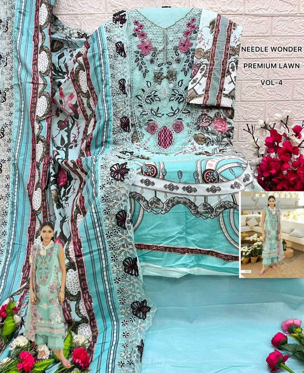 SHREE FABS NEEDLE WONDER LAWN VOL 4 COTTON PRINT WITH HEAVY EMBROIDERY DESIGNER WORK SUIT