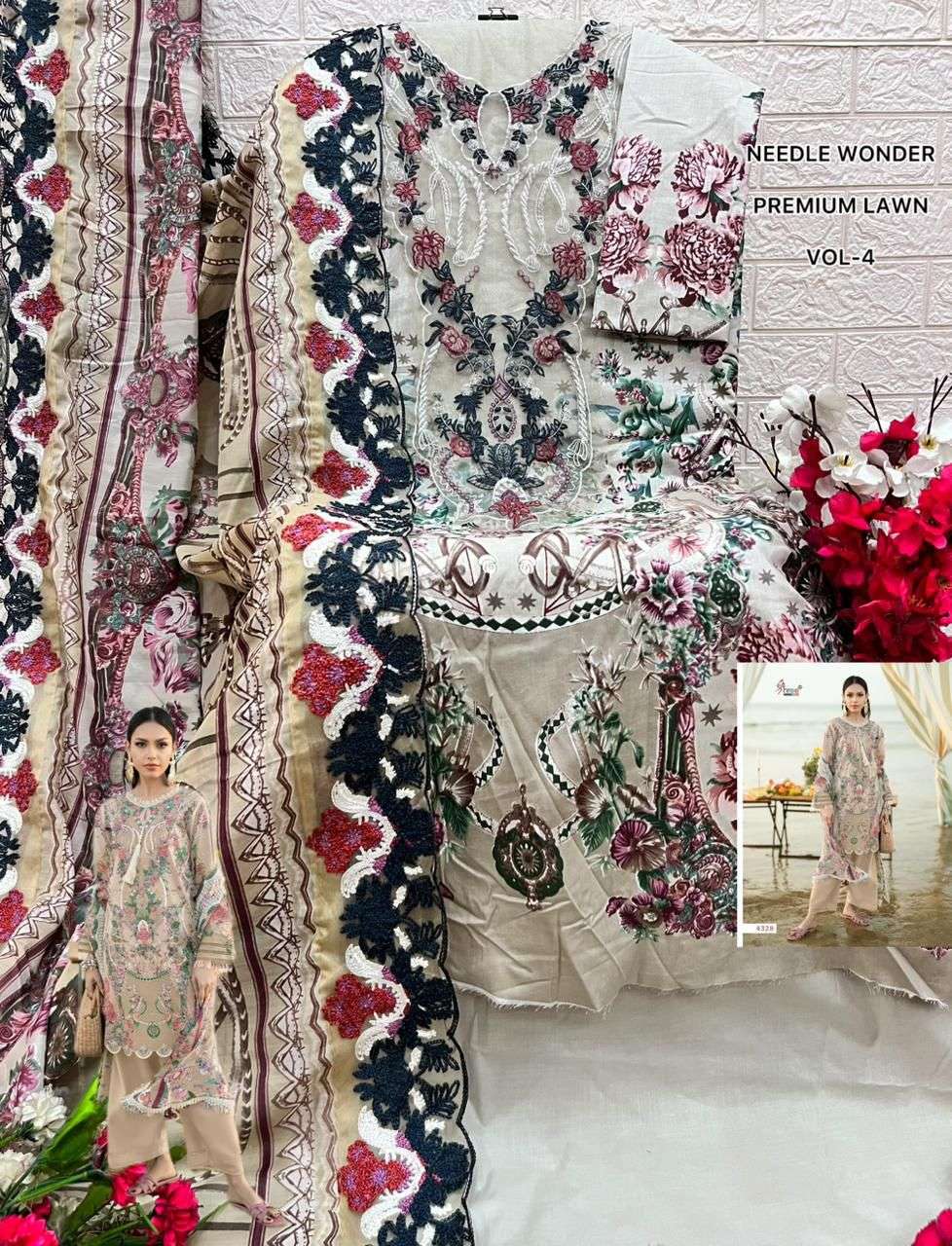 SHREE FABS NEEDLE WONDER LAWN VOL 4 COTTON PRINT WITH HEAVY EMBROIDERY DESIGNER WORK SUIT