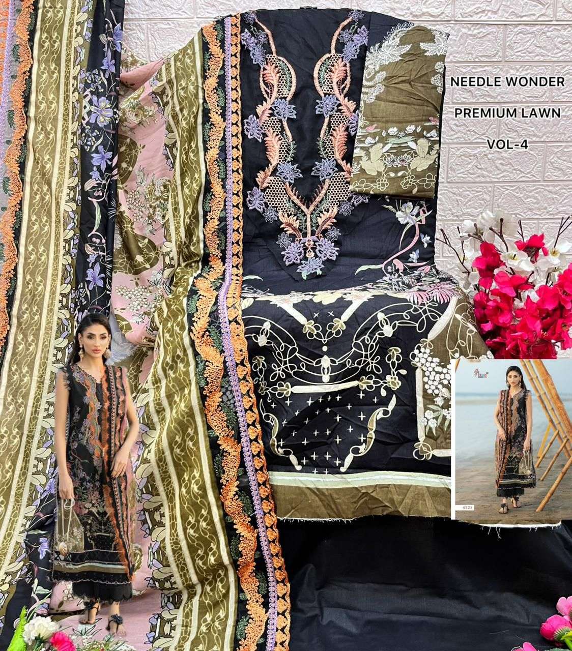 SHREE FABS NEEDLE WONDER LAWN VOL 4 COTTON PRINT WITH HEAVY EMBROIDERY DESIGNER WORK SUIT
