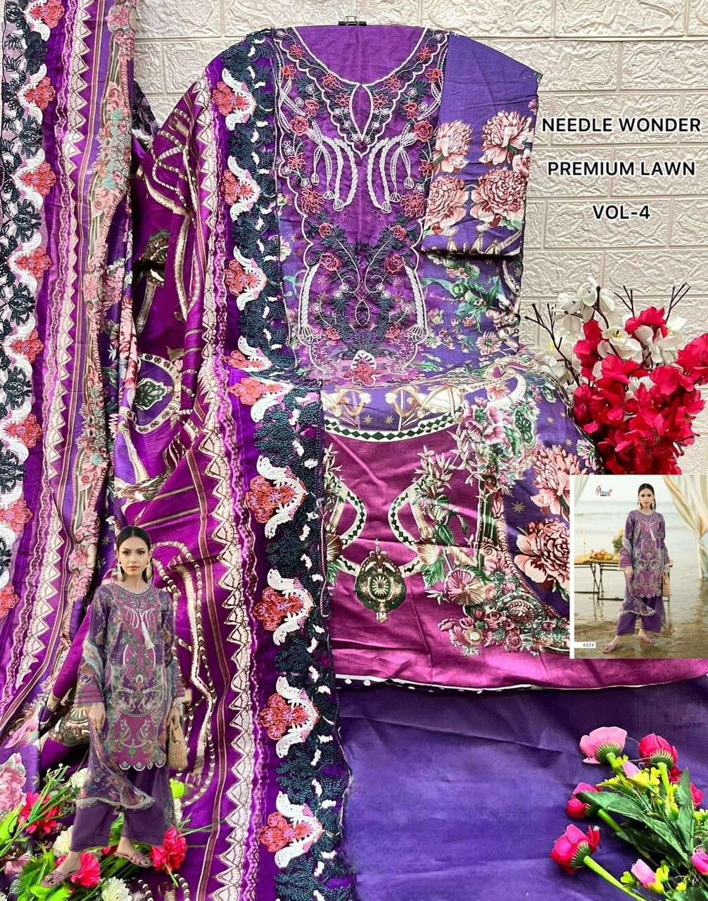 SHREE FABS NEEDLE WONDER LAWN VOL 4 COTTON PRINT WITH HEAVY EMBROIDERY DESIGNER WORK SUIT