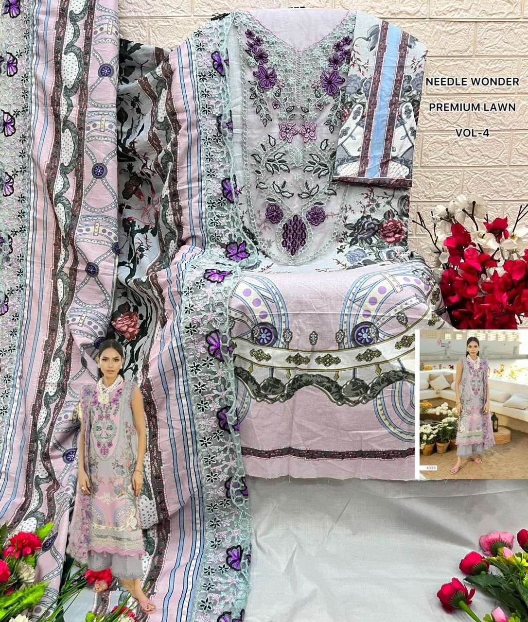 SHREE FABS NEEDLE WONDER LAWN VOL 4 COTTON PRINT WITH HEAVY EMBROIDERY DESIGNER WORK SUIT